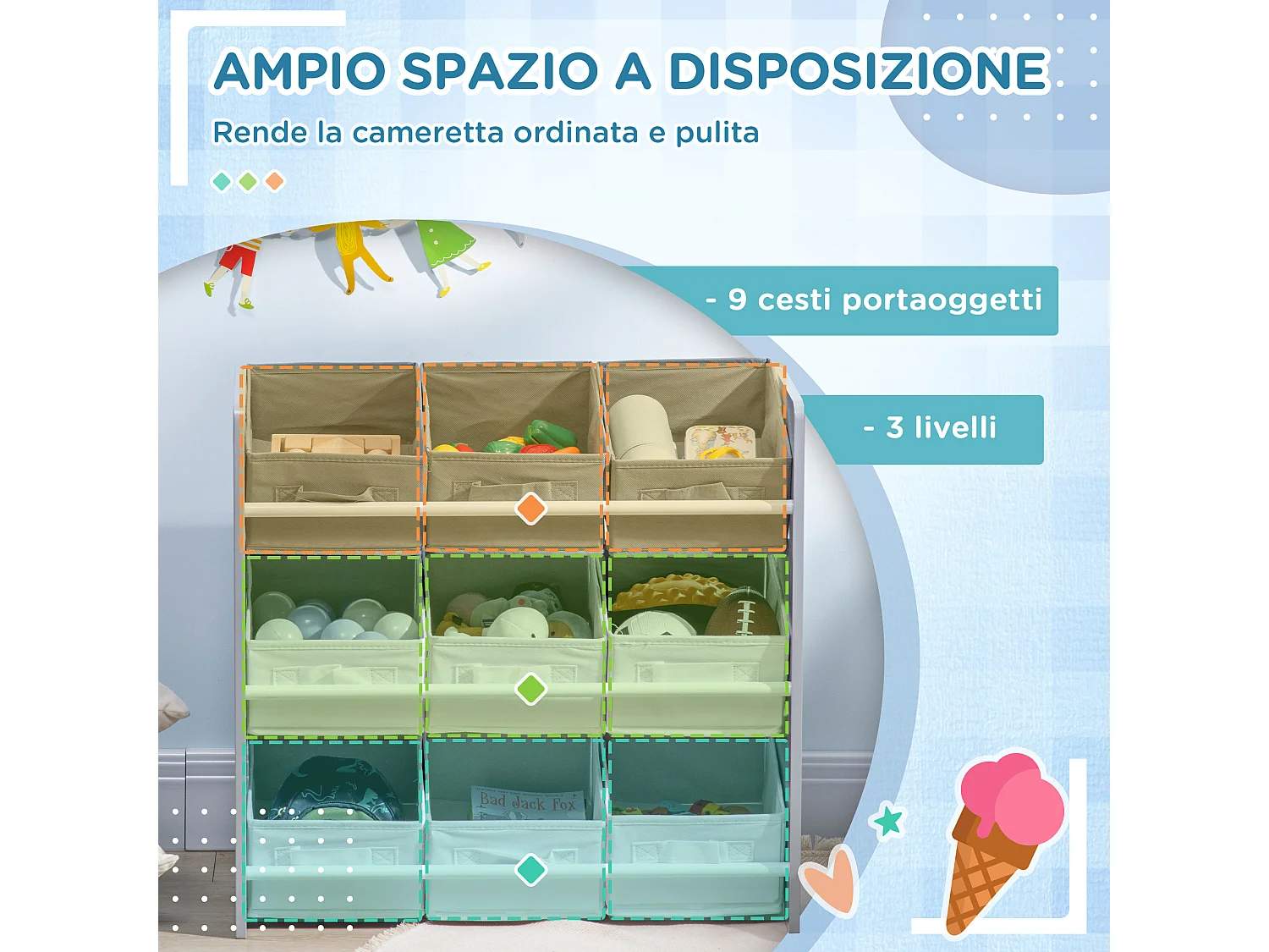 Mobiletto portagiochi con 9 cestini in legno mdf e tessuto