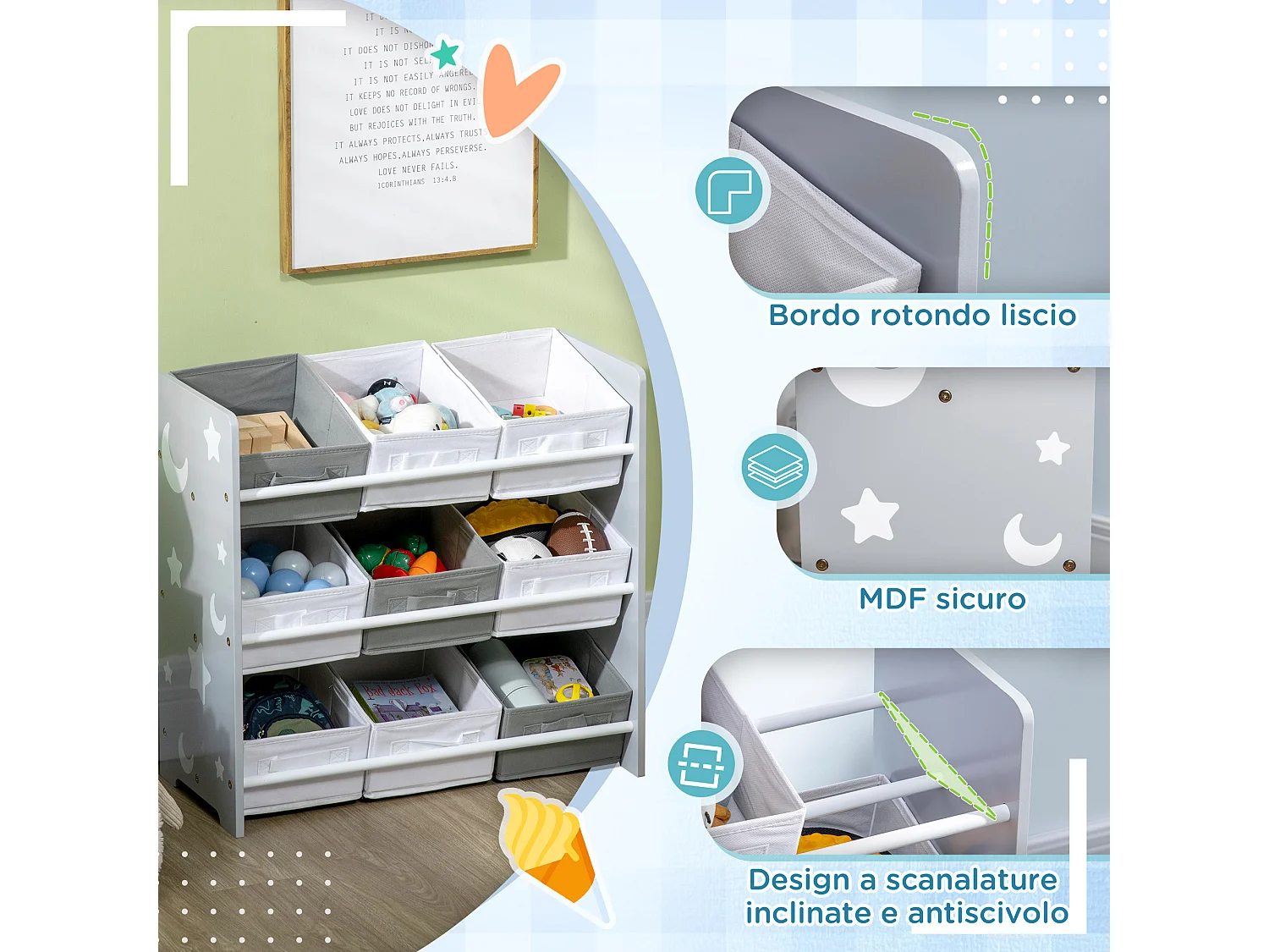 Mobiletto portagiochi con 9 cestini in legno mdf e tessuto