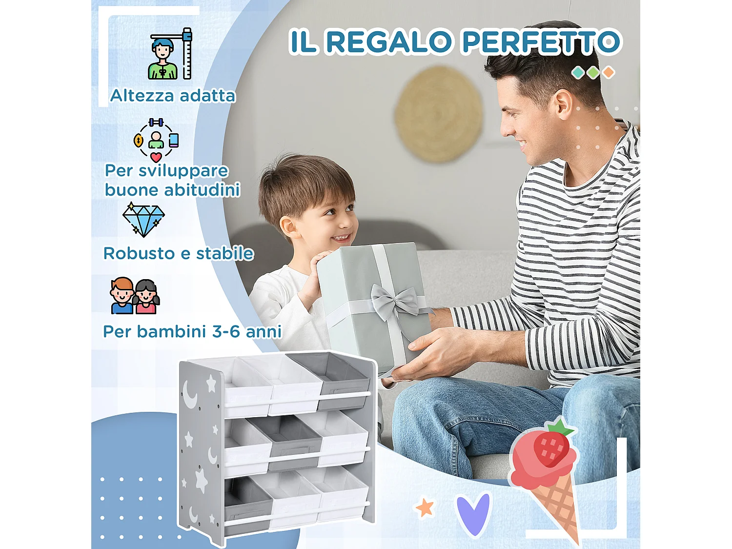 Mobiletto portagiochi con 9 cestini in legno mdf e tessuto