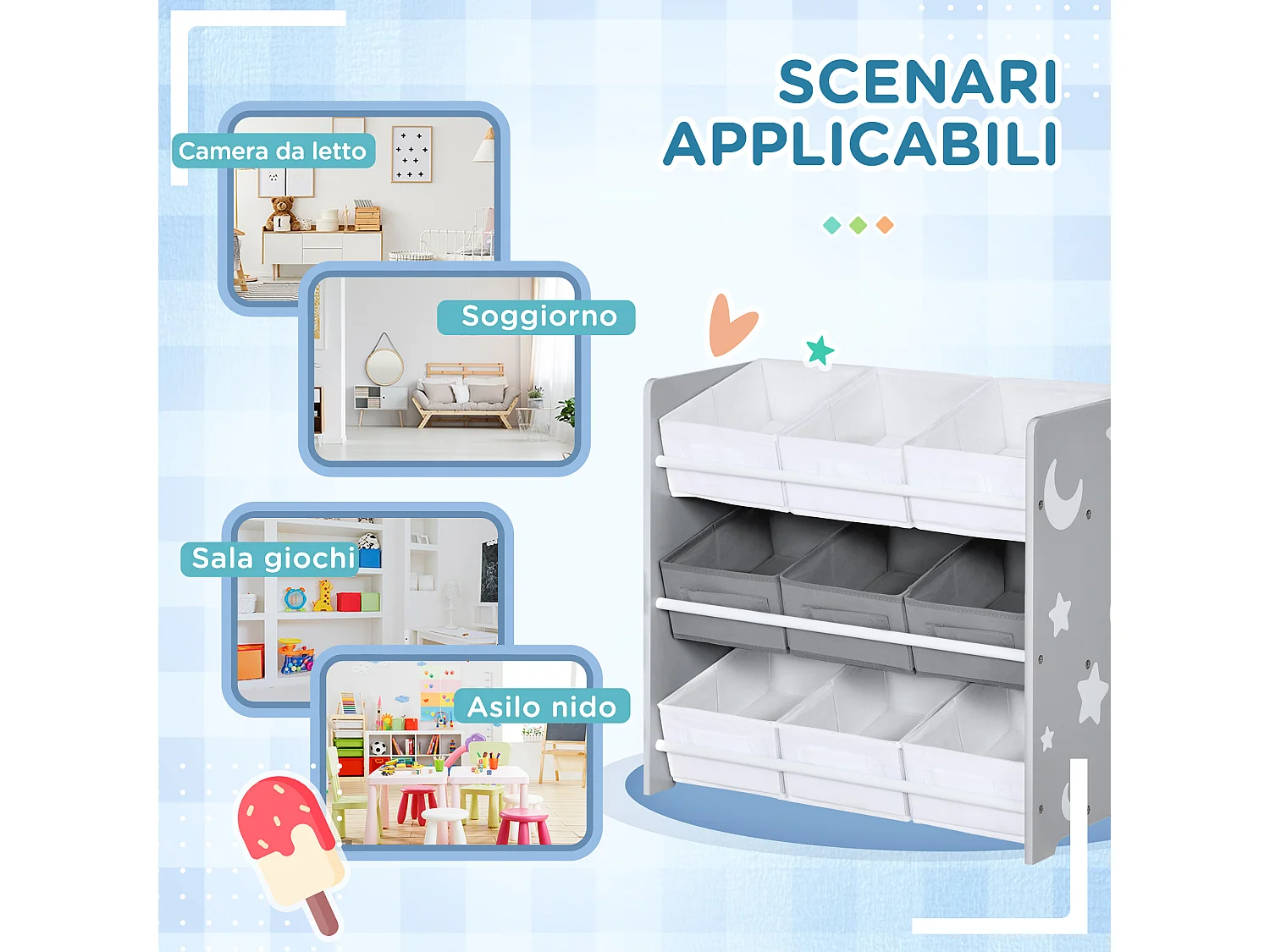 Mobiletto portagiochi con 9 cestini in legno mdf e tessuto