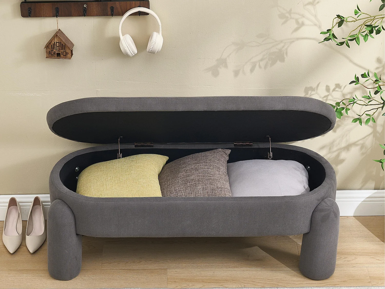 Pouf de Rangement - Banc Coffre en Velours Côtelé Gris - Style Contemporain et Multifonction pour Chambre et Salon