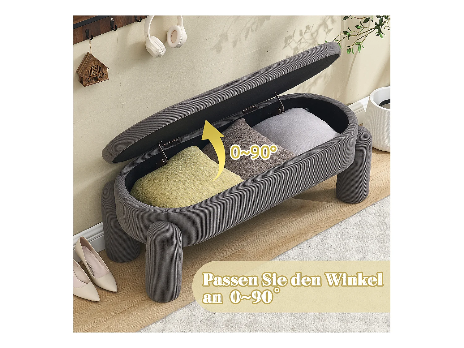 Pouf de Rangement - Banc Coffre en Velours Côtelé Gris - Style Contemporain et Multifonction pour Chambre et Salon