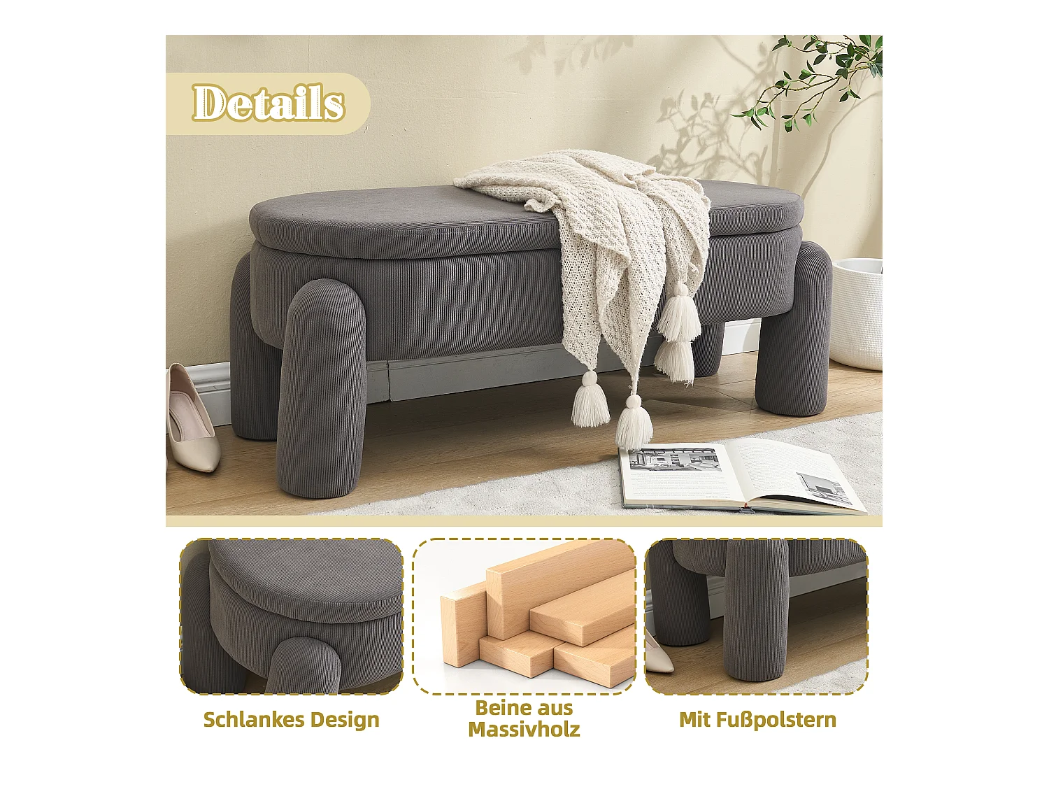 Pouf de Rangement - Banc Coffre en Velours Côtelé Gris - Style Contemporain et Multifonction pour Chambre et Salon