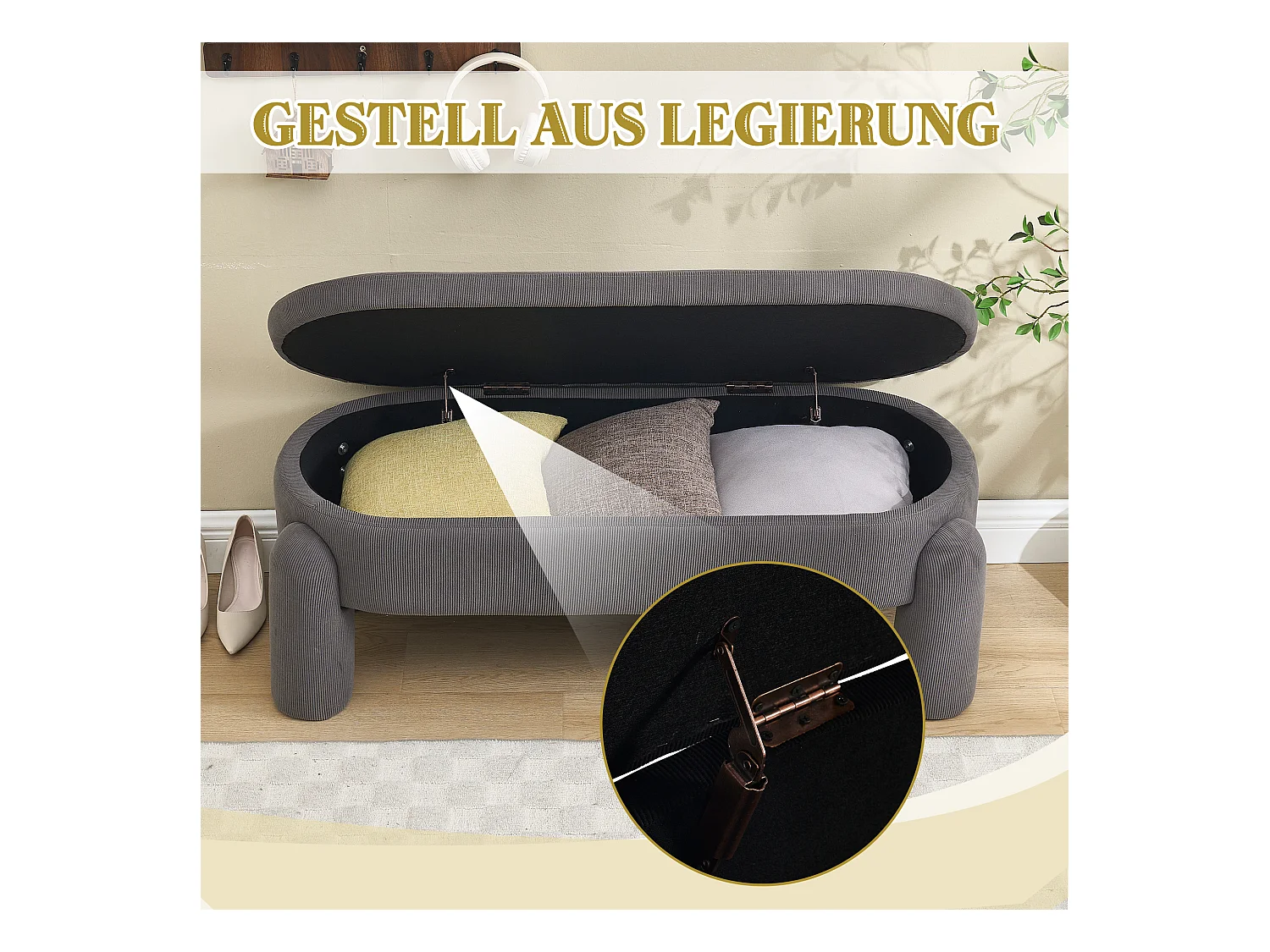 Pouf de Rangement - Banc Coffre en Velours Côtelé Gris - Style Contemporain et Multifonction pour Chambre et Salon