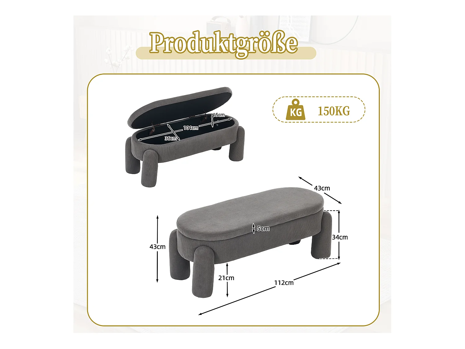 Pouf de Rangement - Banc Coffre en Velours Côtelé Gris - Style Contemporain et Multifonction pour Chambre et Salon