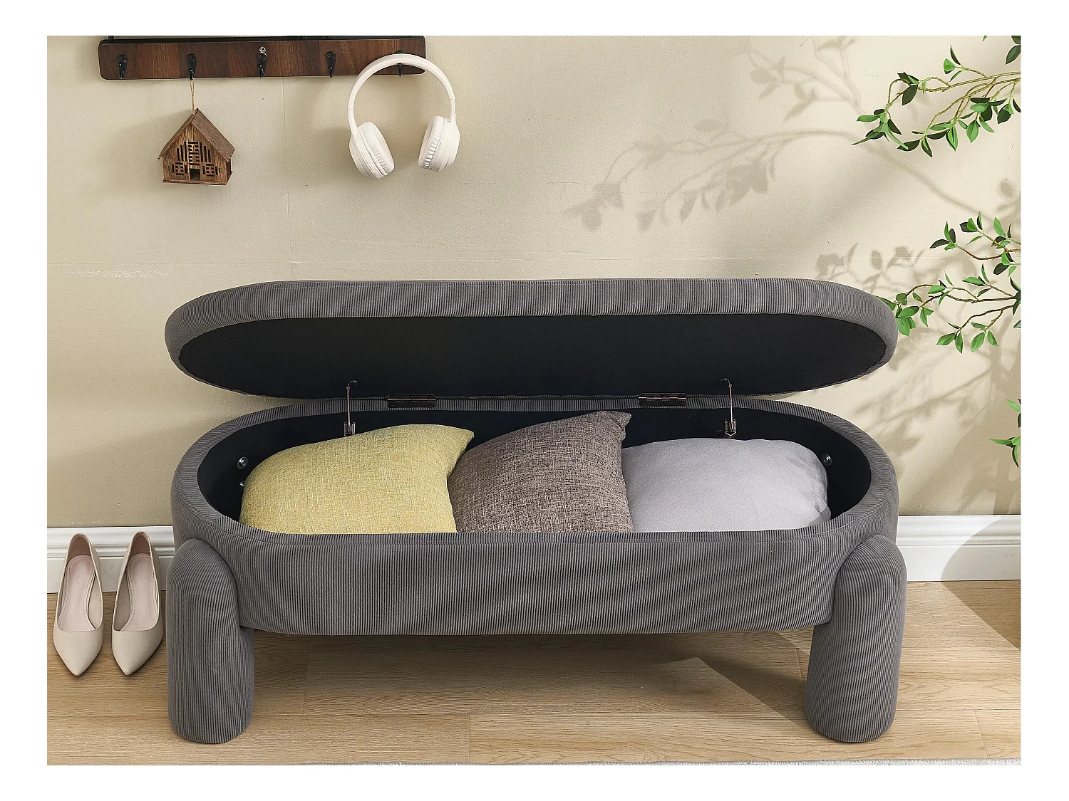 Pouf de Rangement - Banc Coffre en Velours Côtelé Gris - Style Contemporain et Multifonction pour Chambre et Salon