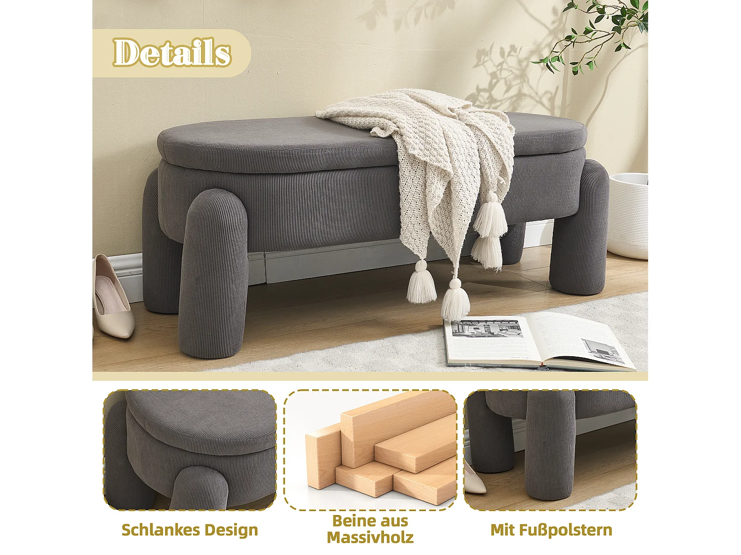 Pouf de Rangement - Banc Coffre en Velours Côtelé Gris - Style Contemporain et Multifonction pour Chambre et Salon