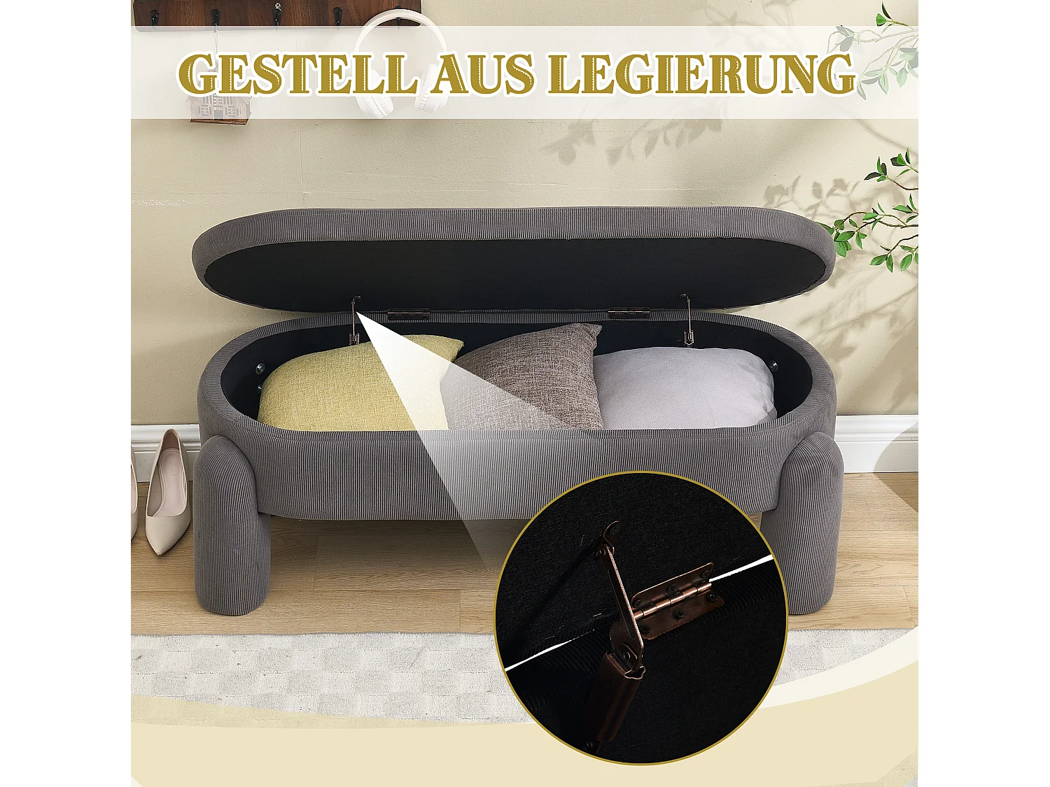 Pouf de Rangement - Banc Coffre en Velours Côtelé Gris - Style Contemporain et Multifonction pour Chambre et Salon