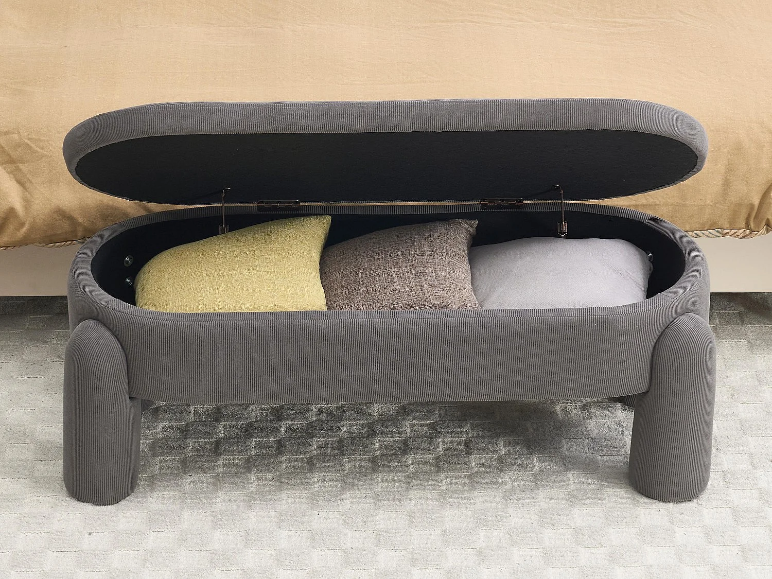 Pouf de Rangement - Banc Coffre en Velours Côtelé Gris - Style Contemporain et Multifonction pour Chambre et Salon