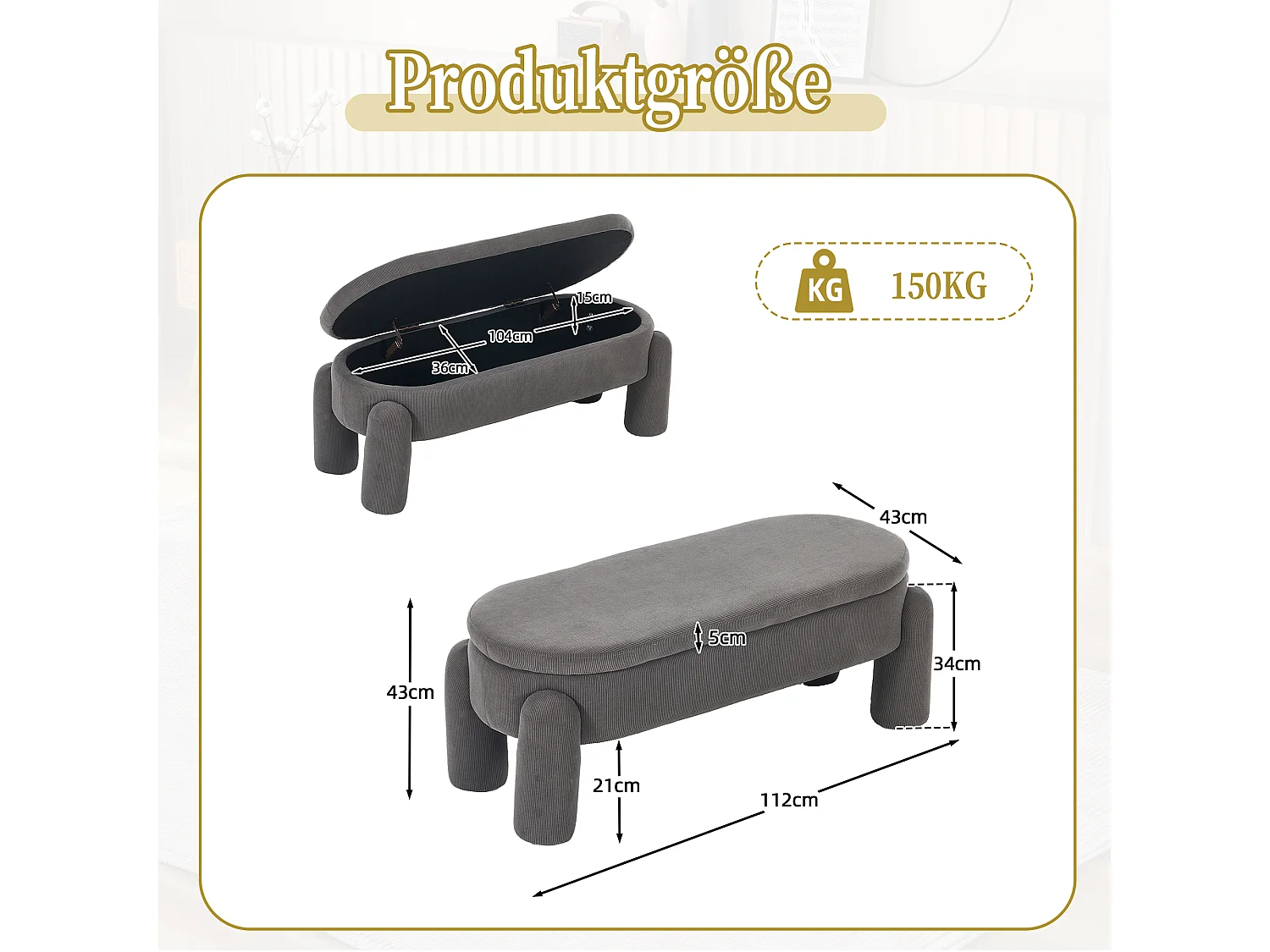 Pouf de Rangement - Banc Coffre en Velours Côtelé Gris - Style Contemporain et Multifonction pour Chambre et Salon