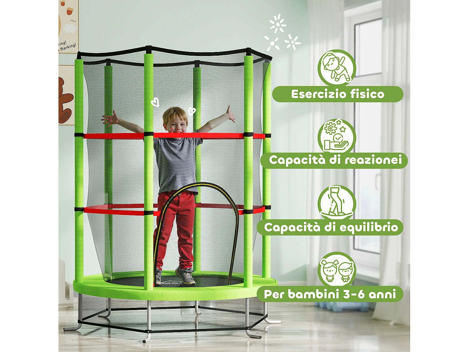 Tappeto elastico per bambini 3-6 anni con 3 ingressi verde e nero