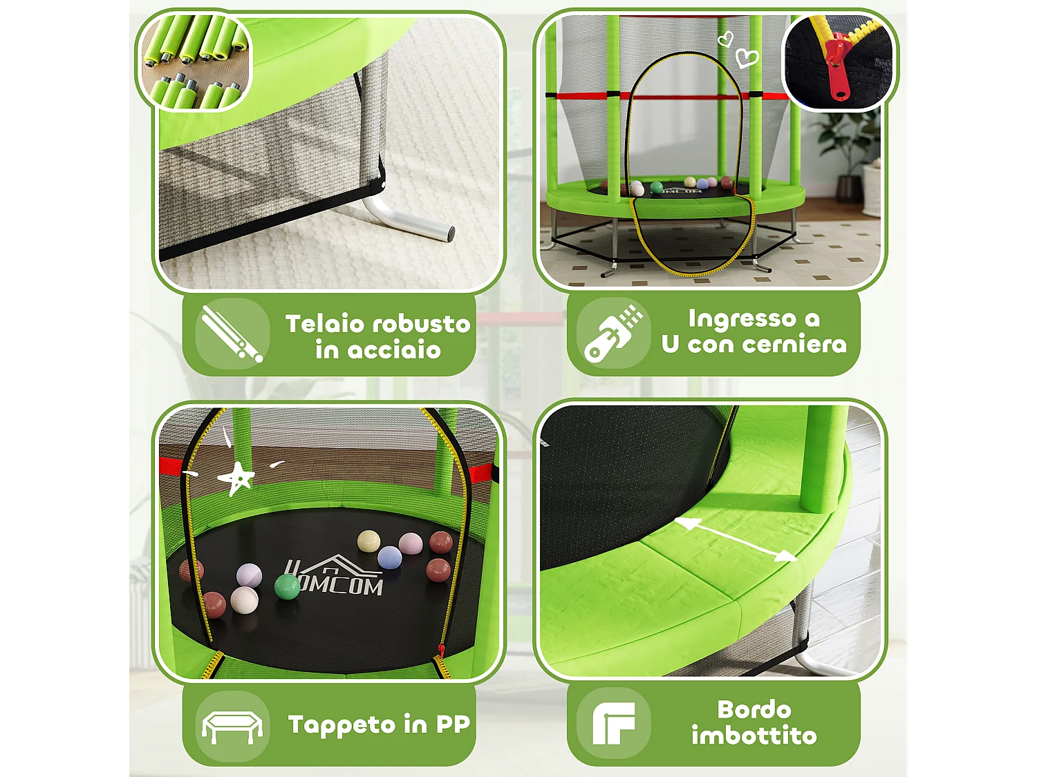 Tappeto elastico per bambini 3-6 anni con 3 ingressi verde e nero