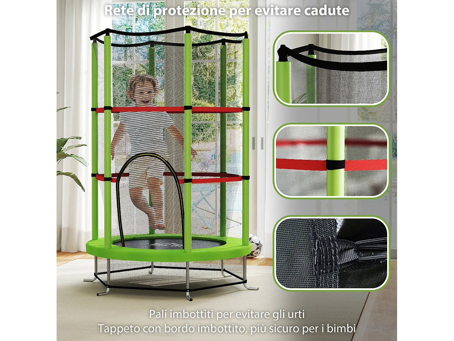 Tappeto elastico per bambini 3-6 anni con 3 ingressi verde e nero