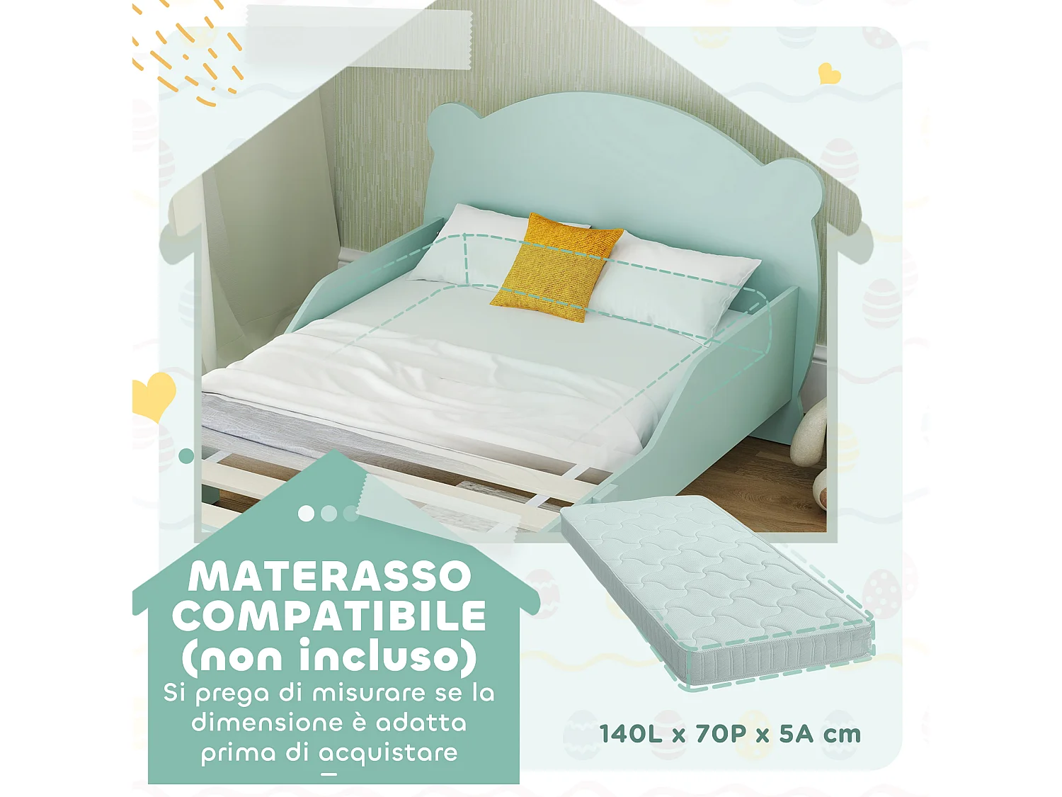 Lettino per bambini con testiera e pediera a orso e 2 sponde verde