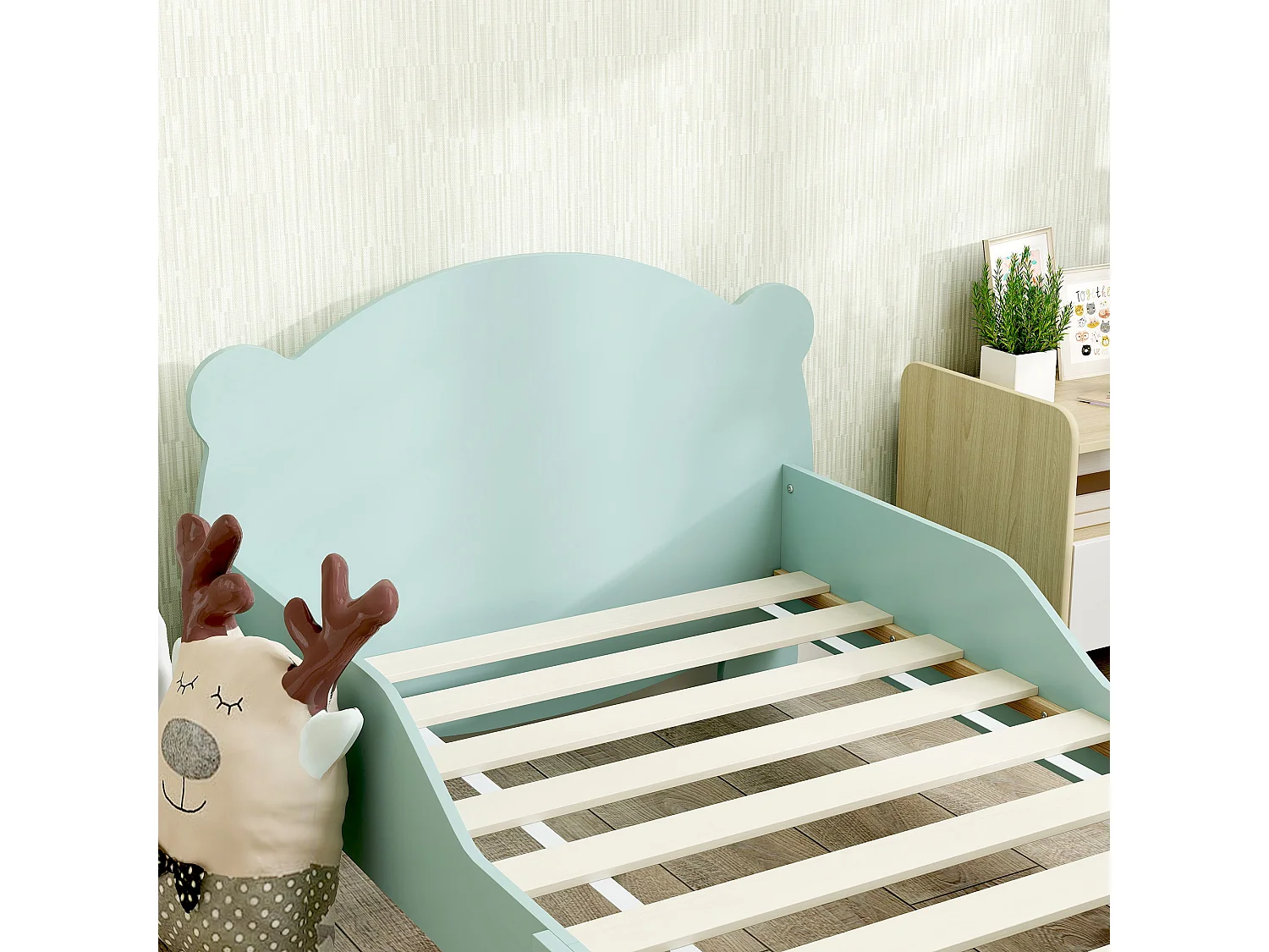 Lettino per bambini con testiera e pediera a orso e 2 sponde verde