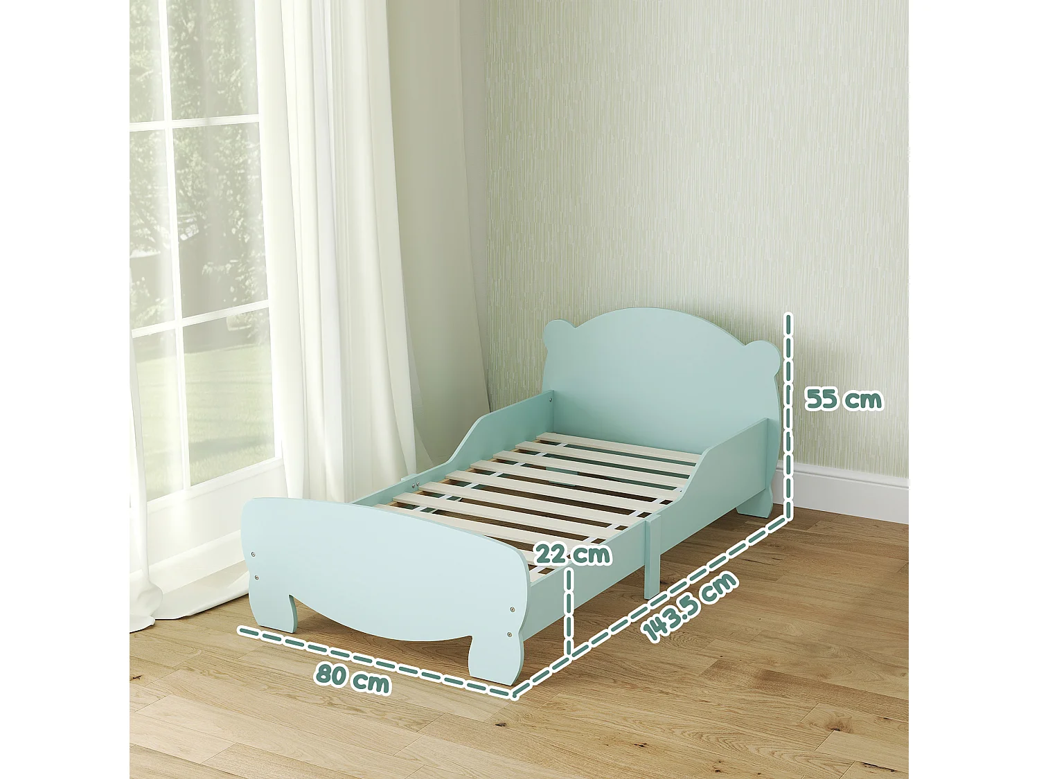 Lettino per bambini con testiera e pediera a orso e 2 sponde verde