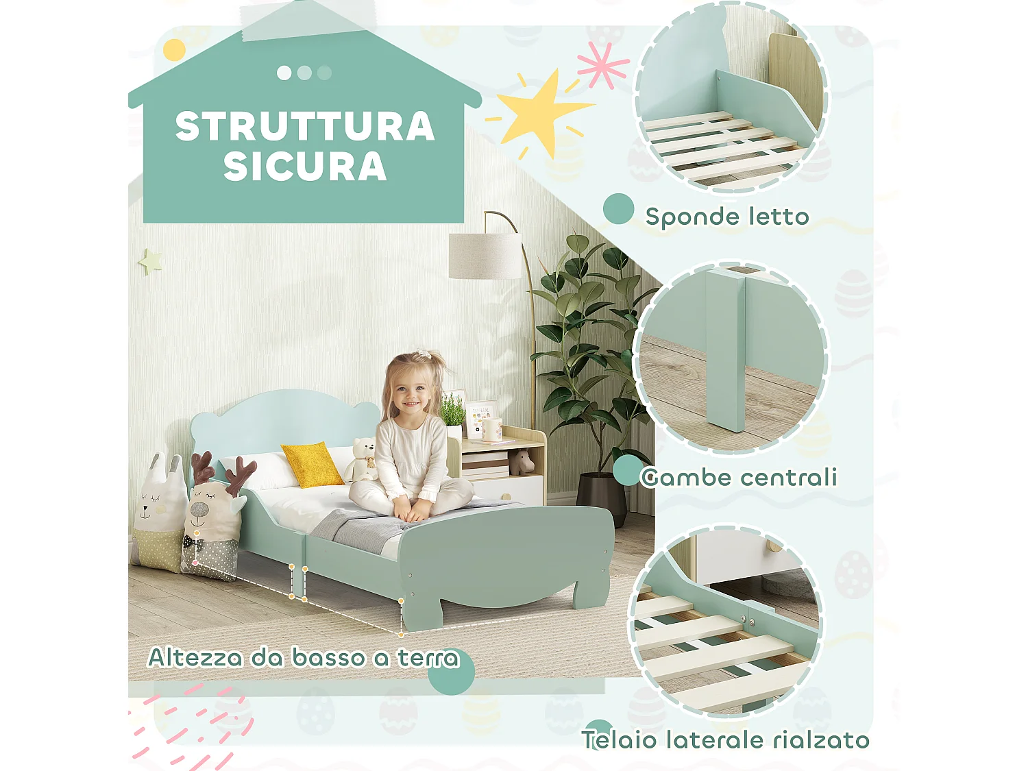 Lettino per bambini con testiera e pediera a orso e 2 sponde verde
