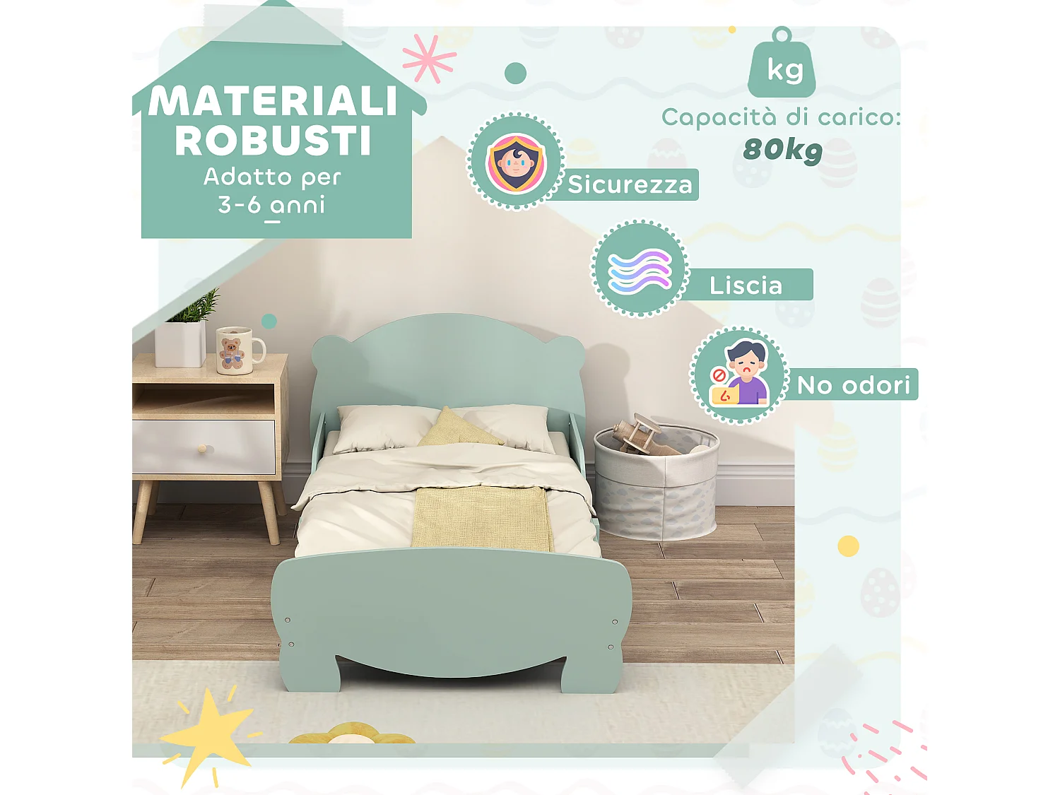 Lettino per bambini con testiera e pediera a orso e 2 sponde verde