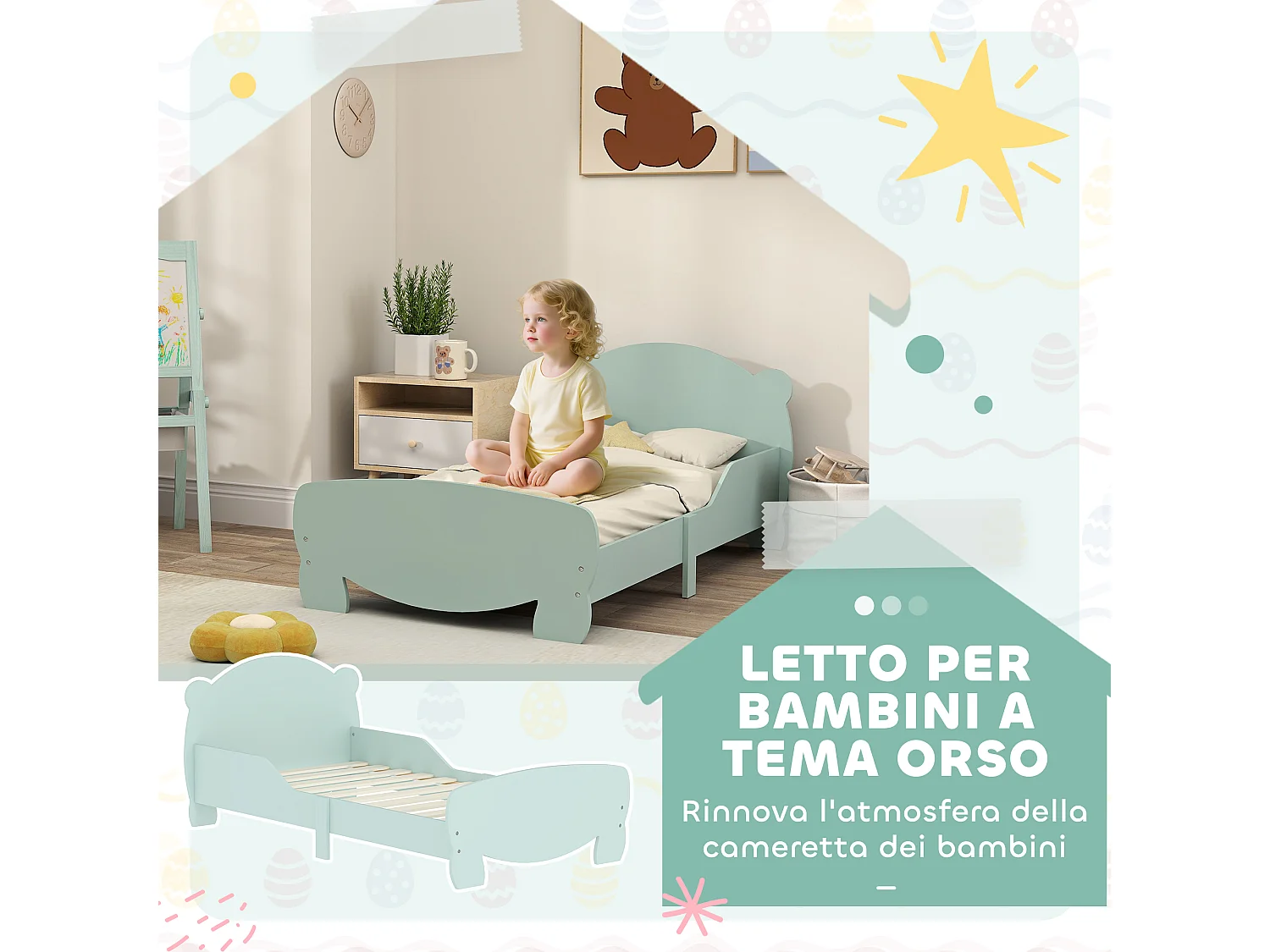 Lettino per bambini con testiera e pediera a orso e 2 sponde verde