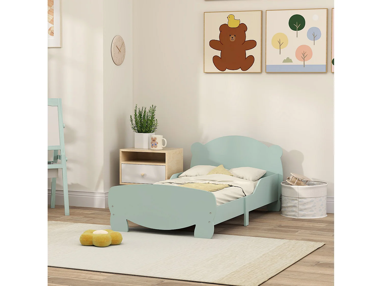 Lettino per bambini con testiera e pediera a orso e 2 sponde verde