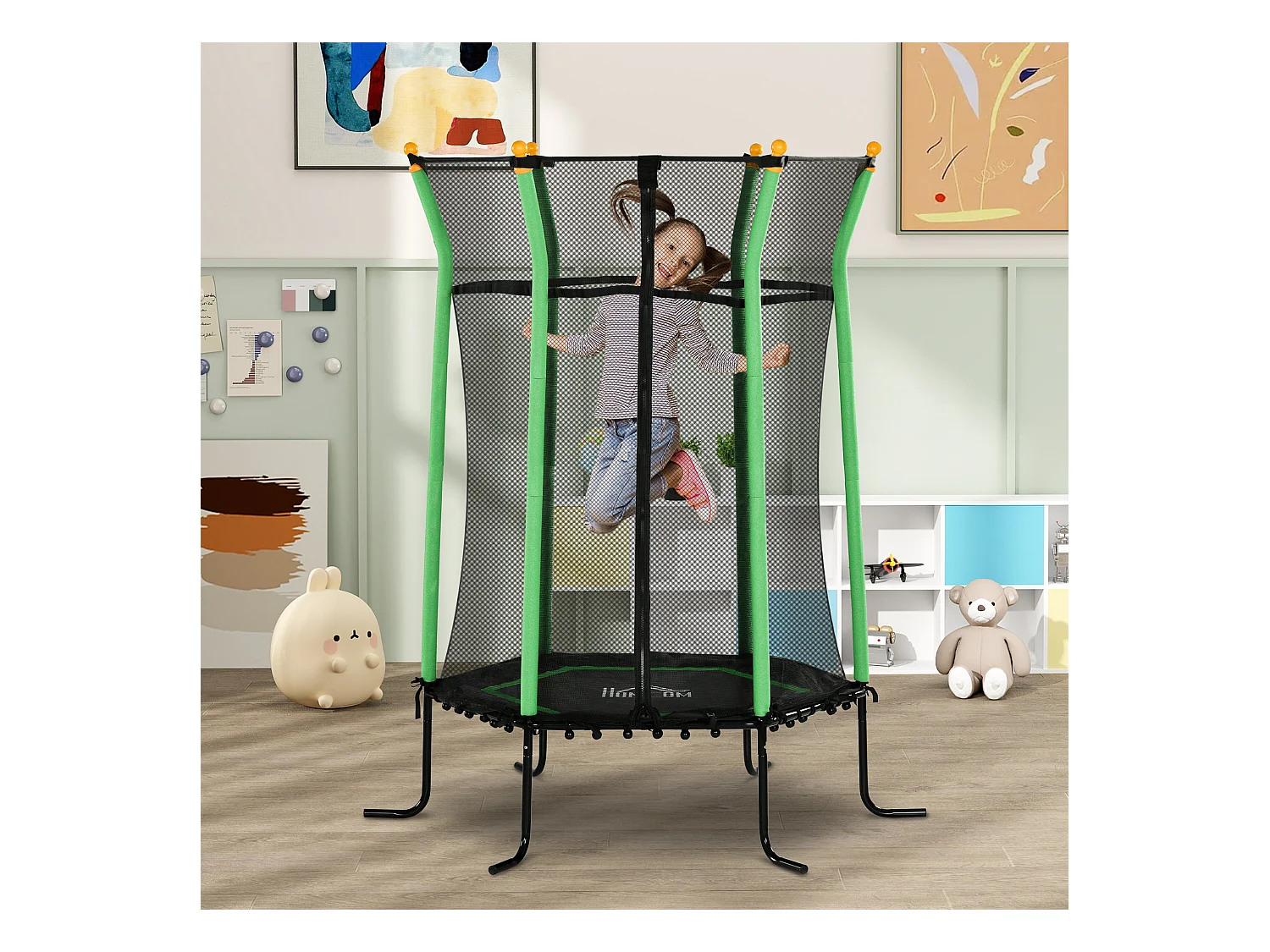 Tappeto elastico per bambini con ingresso a zip e pali imbottiti verde