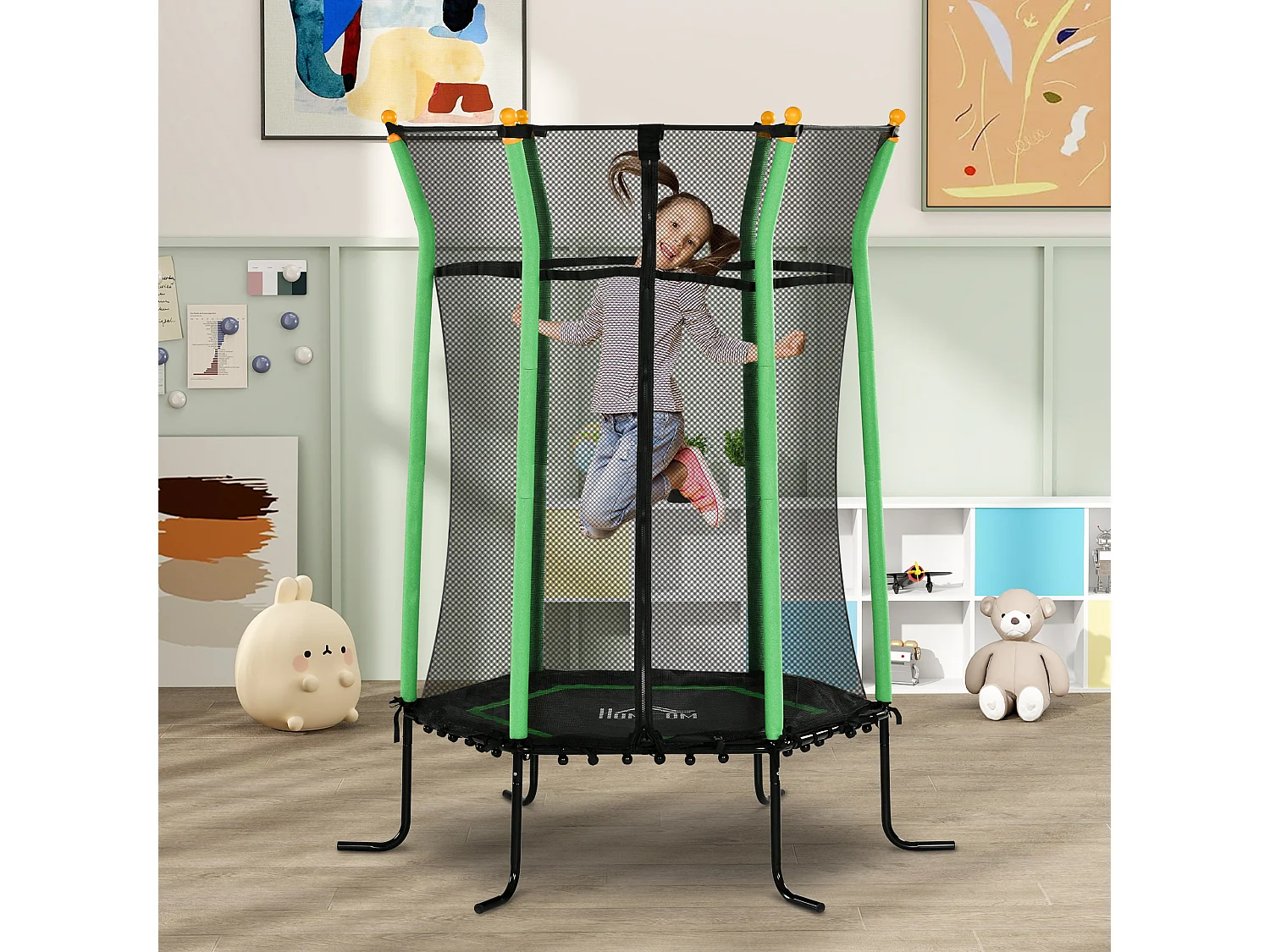 Tappeto elastico per bambini con ingresso a zip e pali imbottiti verde