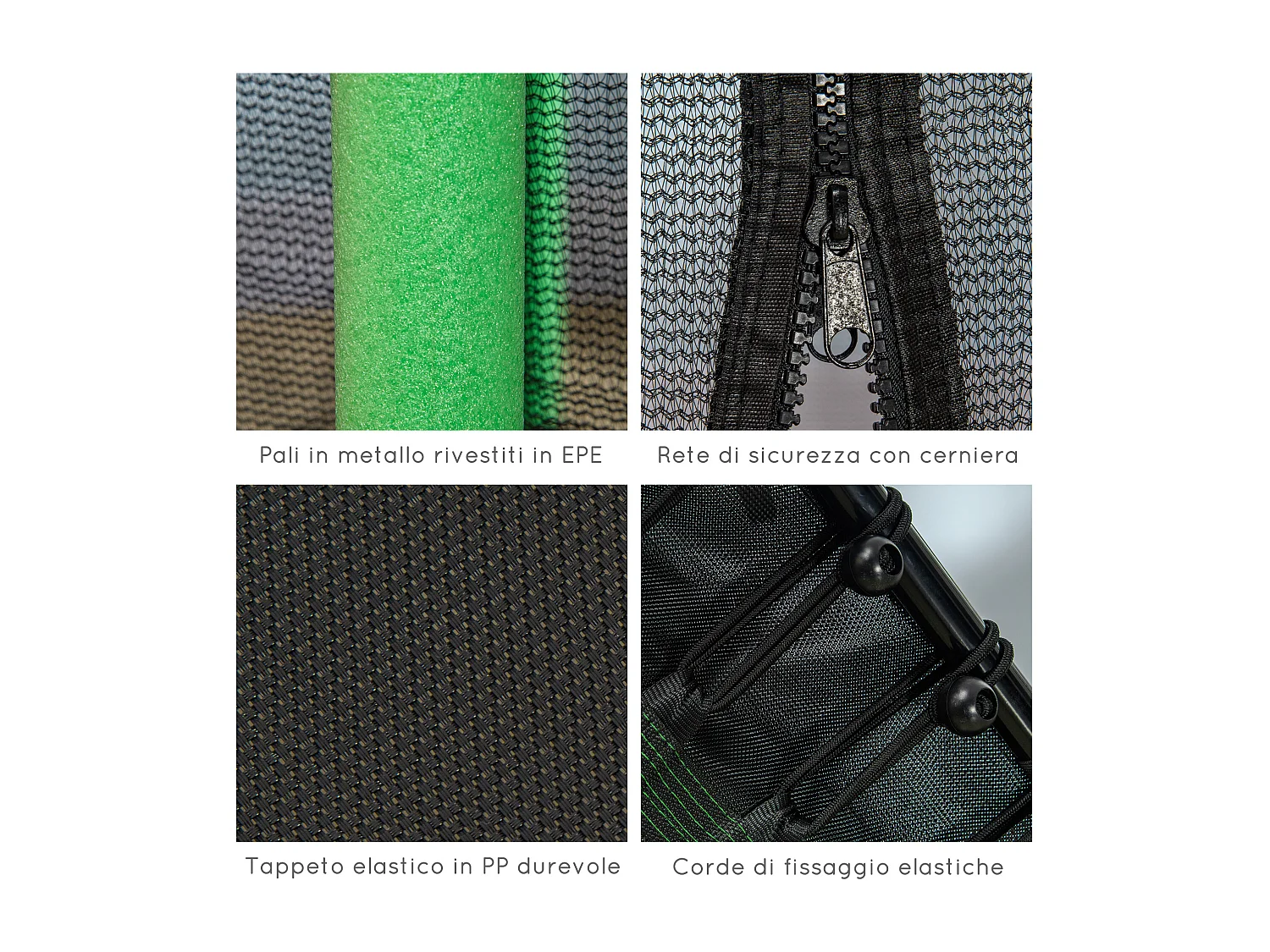 Tappeto elastico per bambini con ingresso a zip e pali imbottiti verde