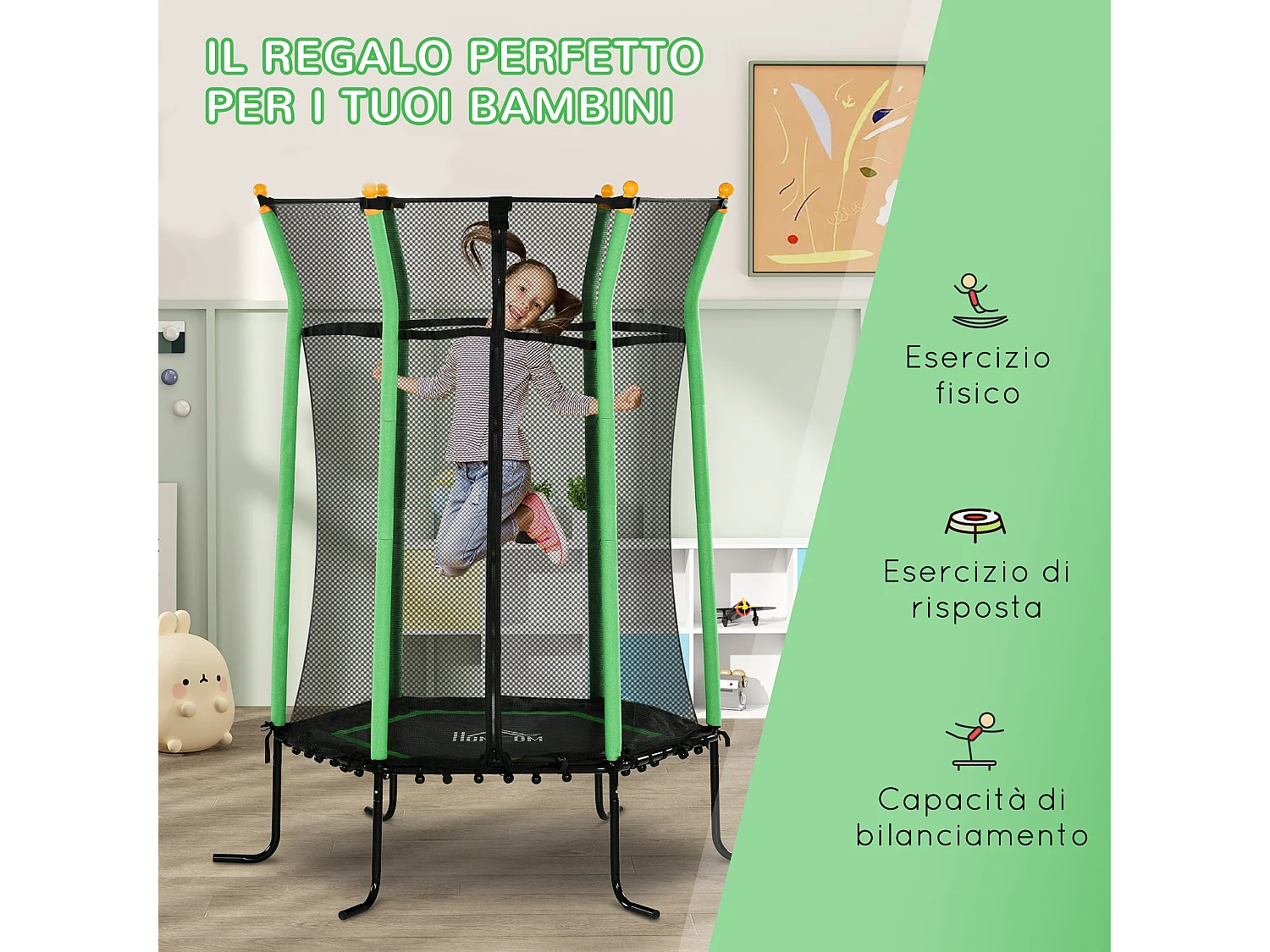 Tappeto elastico per bambini con ingresso a zip e pali imbottiti verde