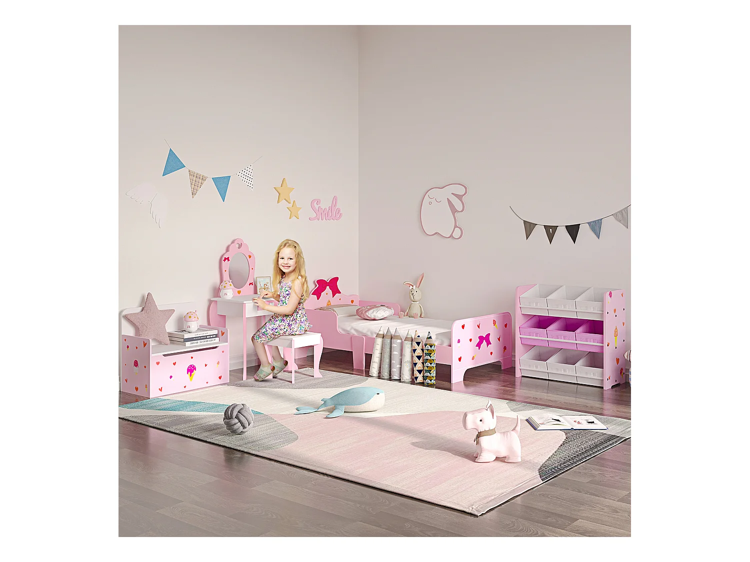 Mobiletto portagiochi con 9 cestini rimovibili in mdf e tessuto rosa