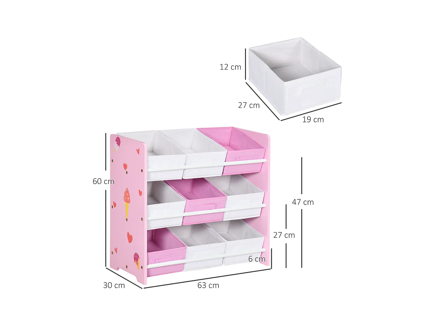 Mobiletto portagiochi con 9 cestini rimovibili in mdf e tessuto rosa