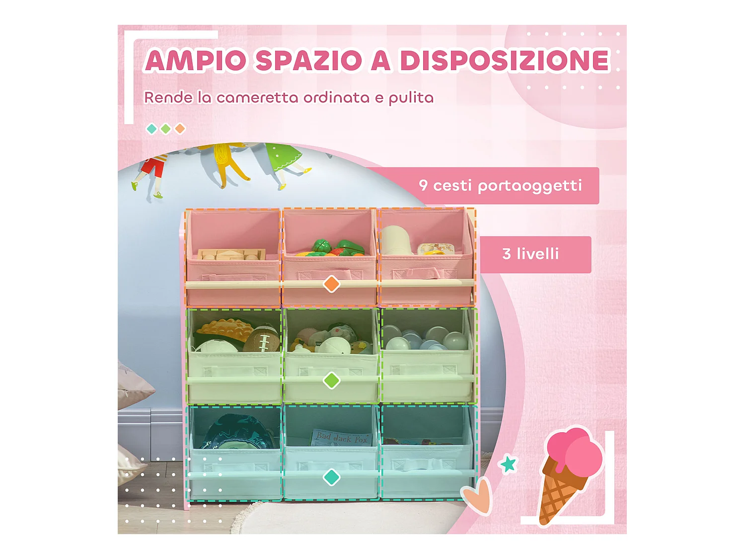 Mobiletto portagiochi con 9 cestini rimovibili in mdf e tessuto rosa