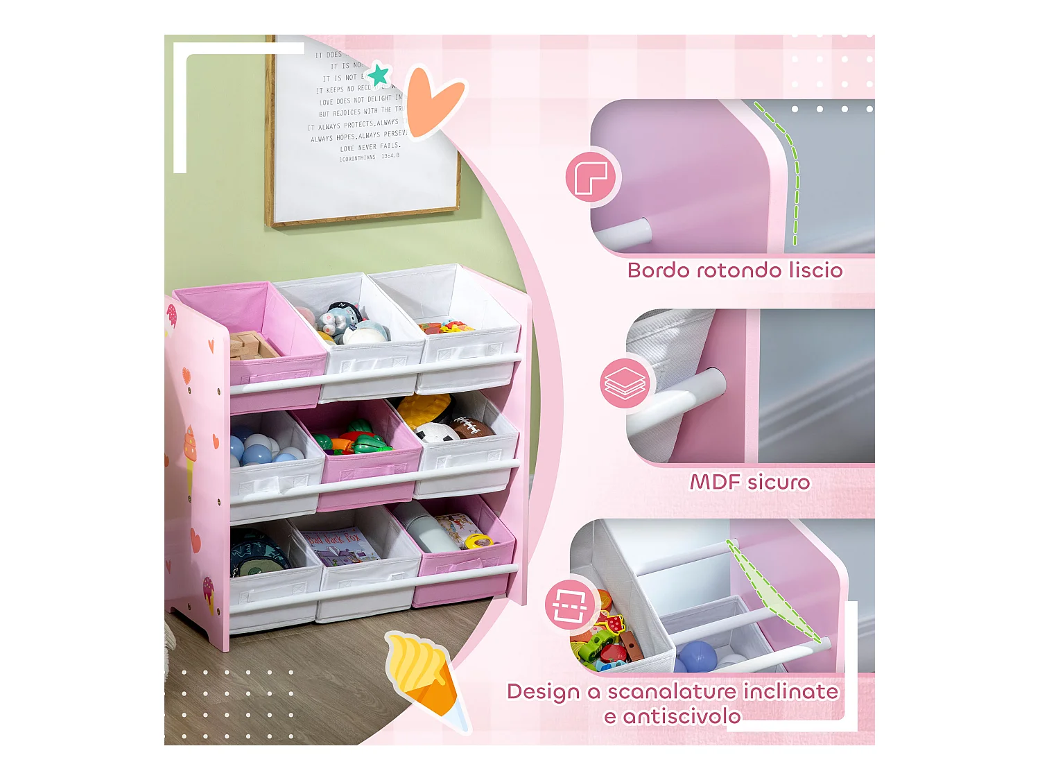 Mobiletto portagiochi con 9 cestini rimovibili in mdf e tessuto rosa