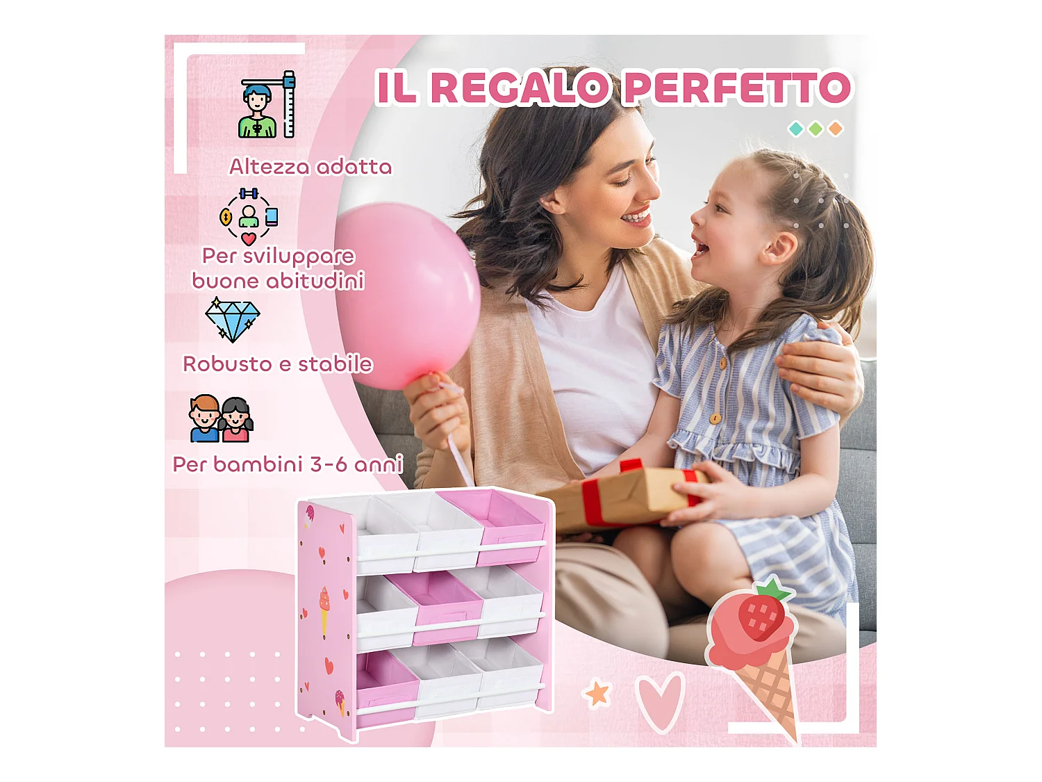 Mobiletto portagiochi con 9 cestini rimovibili in mdf e tessuto rosa