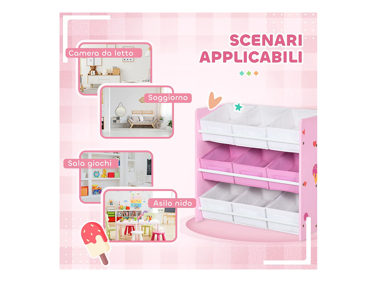 Mobiletto portagiochi con 9 cestini rimovibili in mdf e tessuto rosa