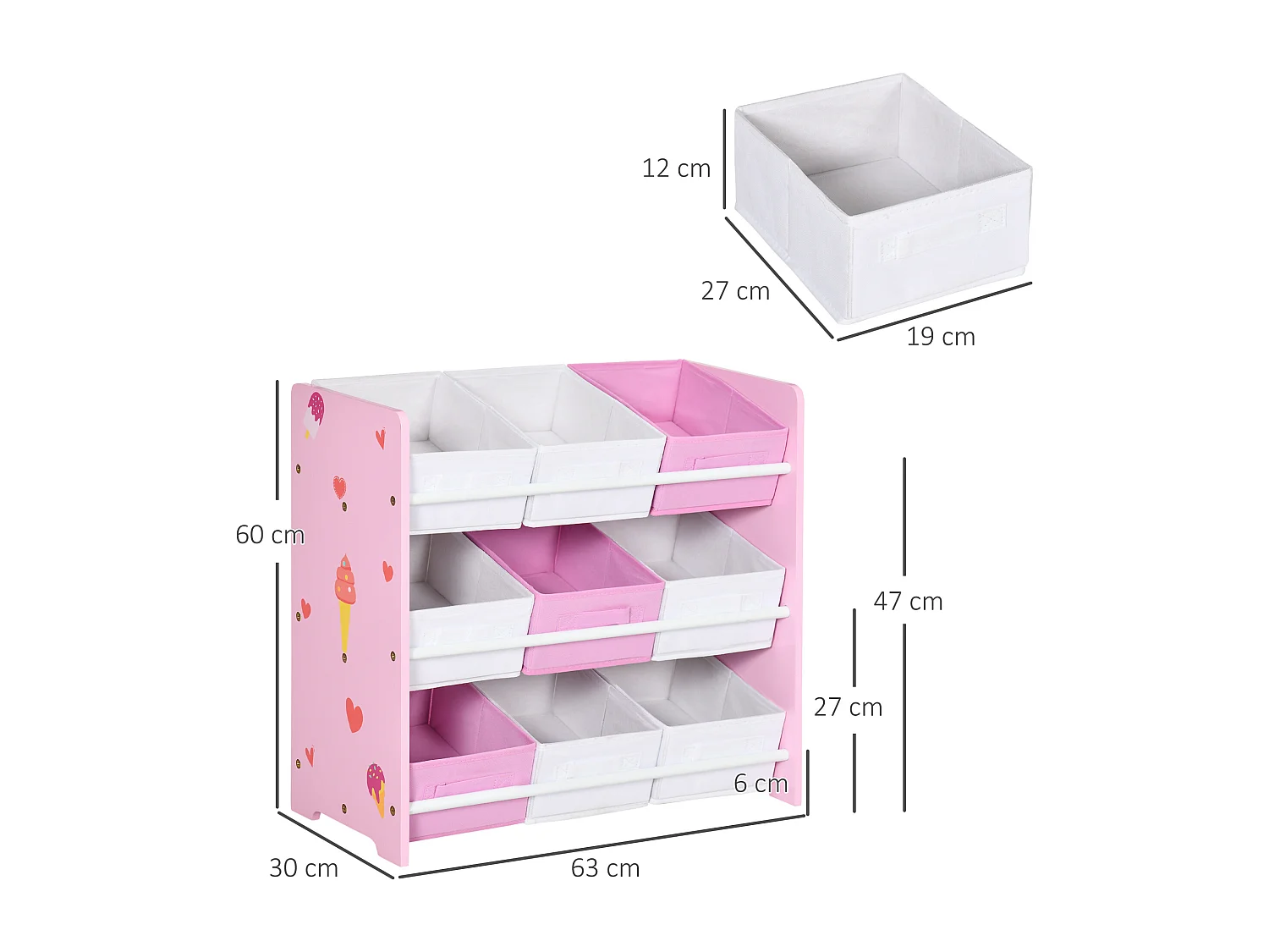 Mobiletto portagiochi con 9 cestini rimovibili in mdf e tessuto rosa