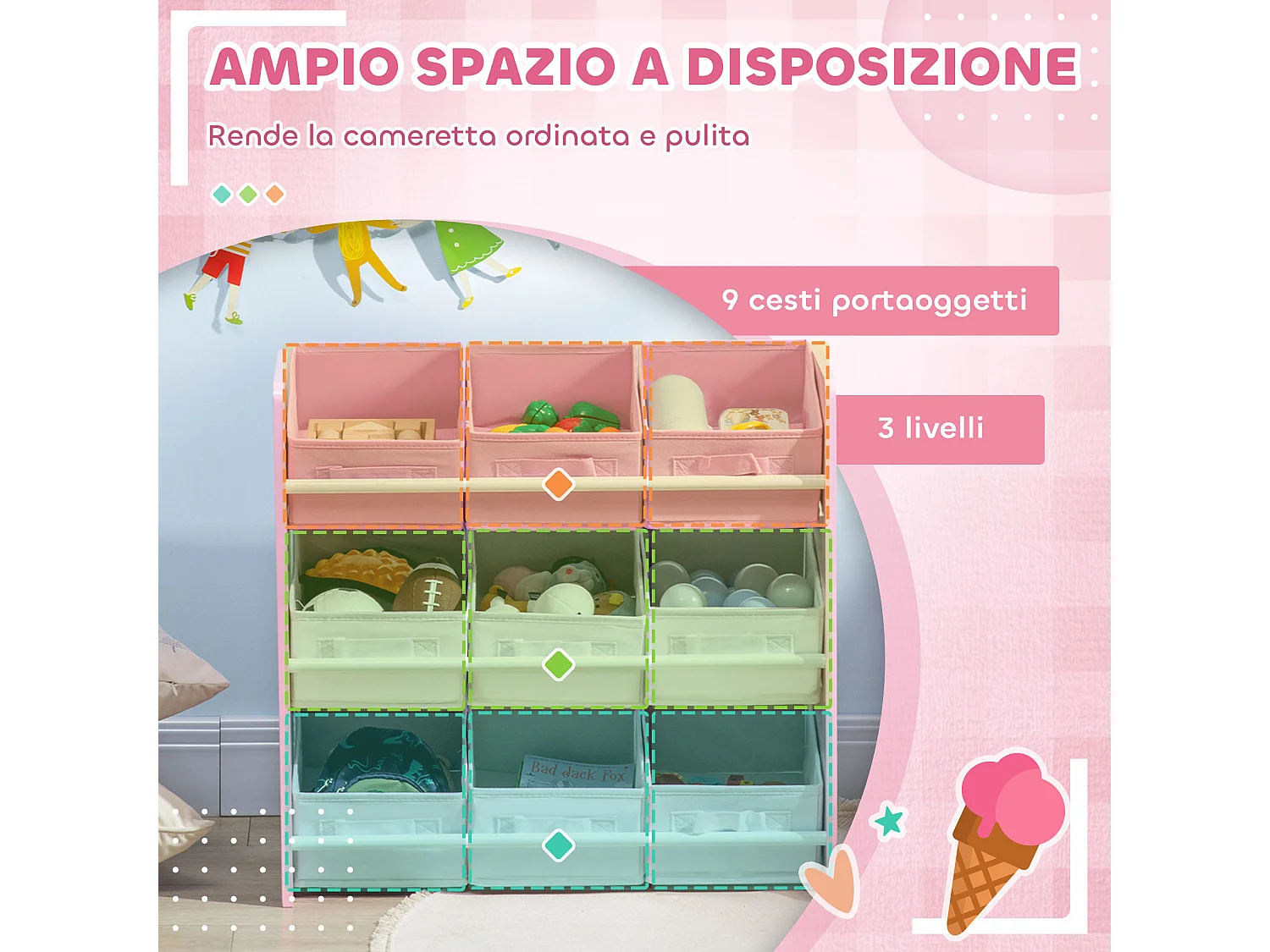 Mobiletto portagiochi con 9 cestini rimovibili in mdf e tessuto rosa