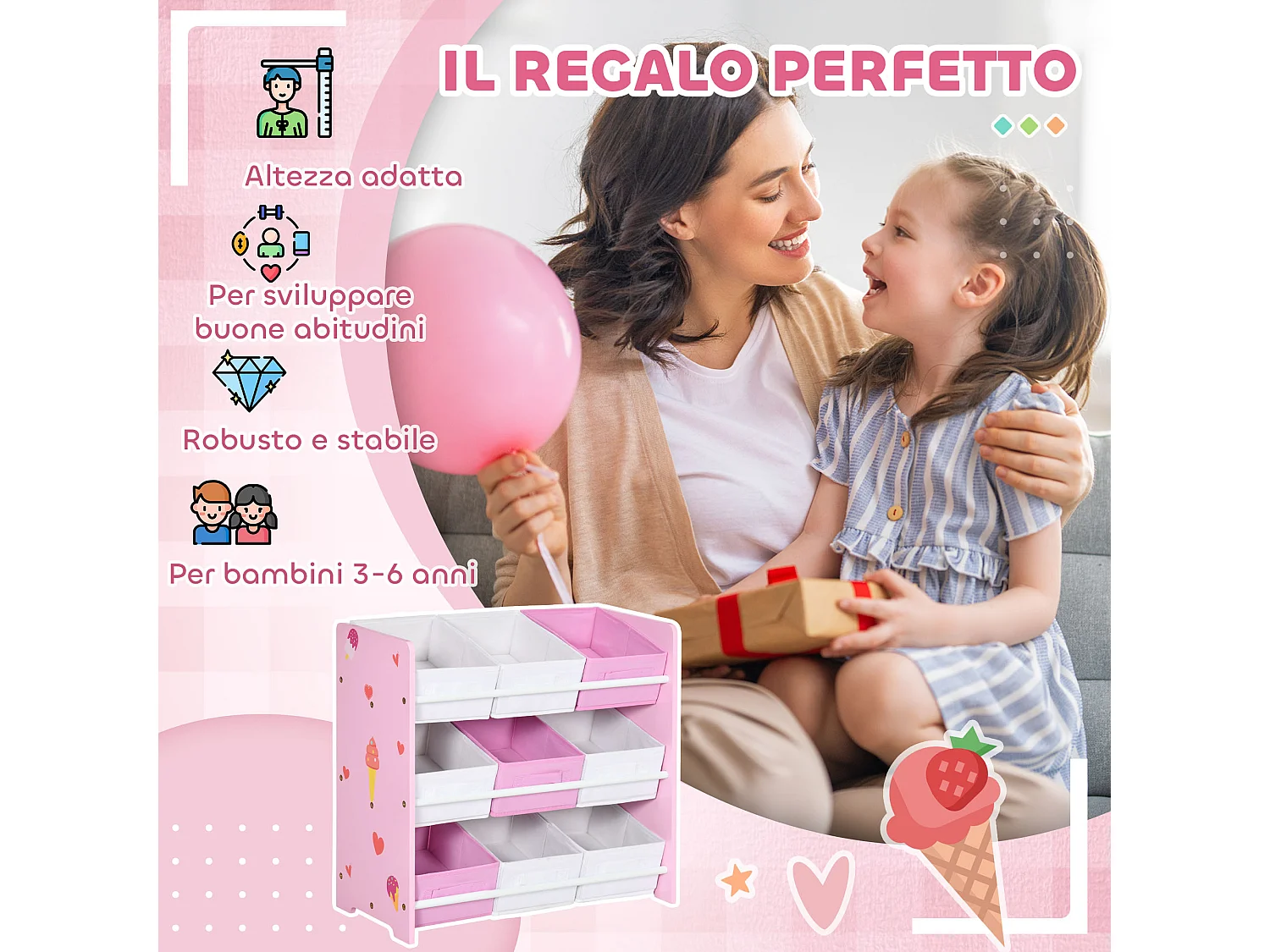 Mobiletto portagiochi con 9 cestini rimovibili in mdf e tessuto rosa