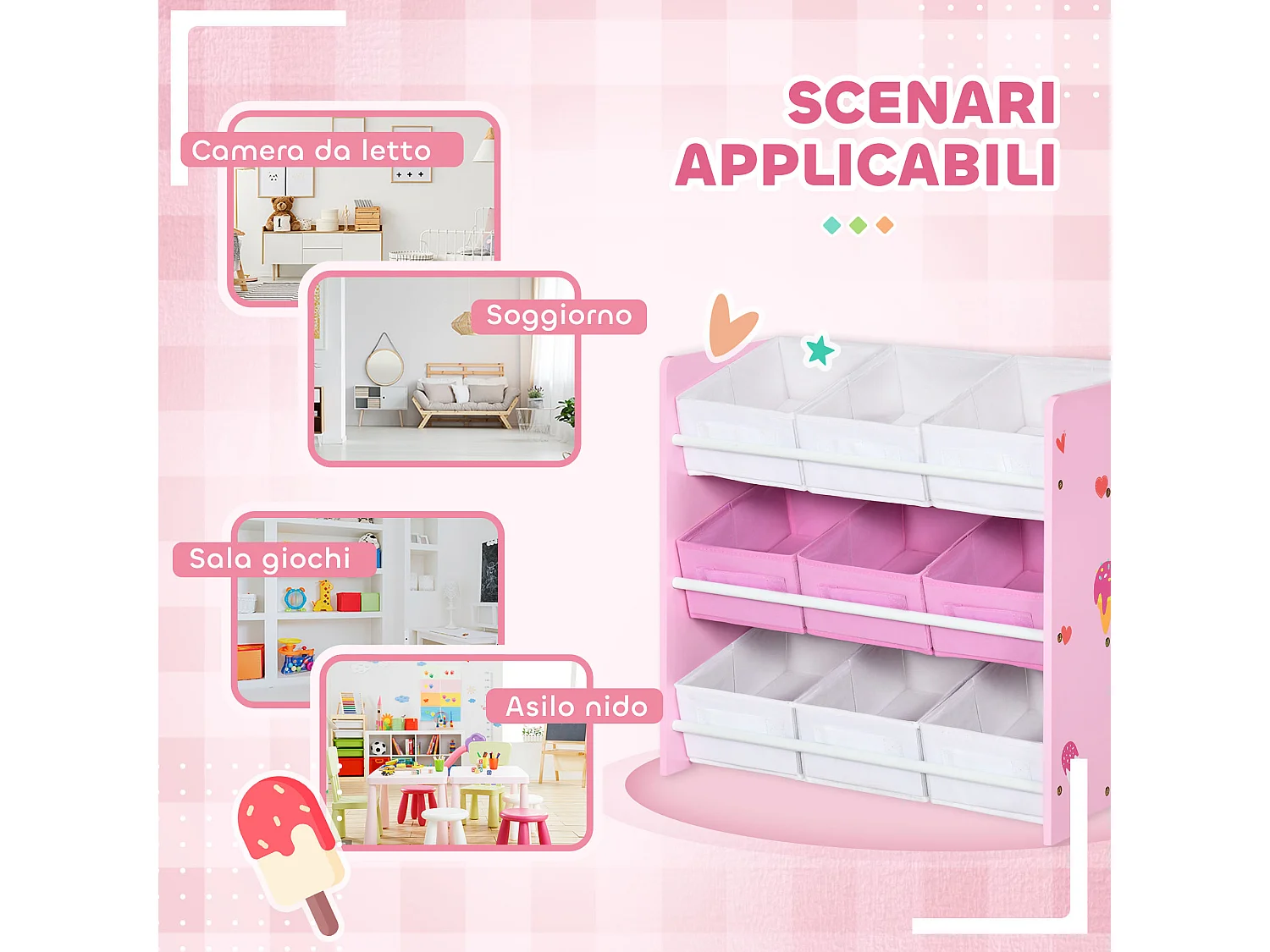Mobiletto portagiochi con 9 cestini rimovibili in mdf e tessuto rosa