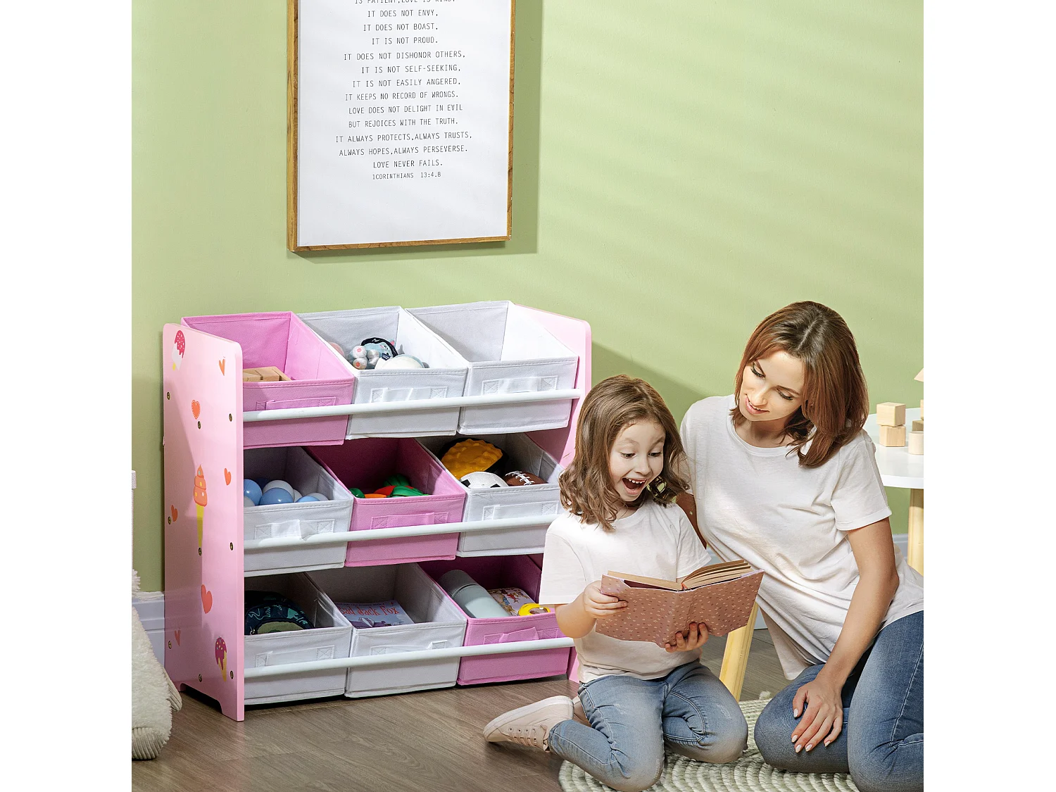 Mobiletto portagiochi con 9 cestini rimovibili in mdf e tessuto rosa