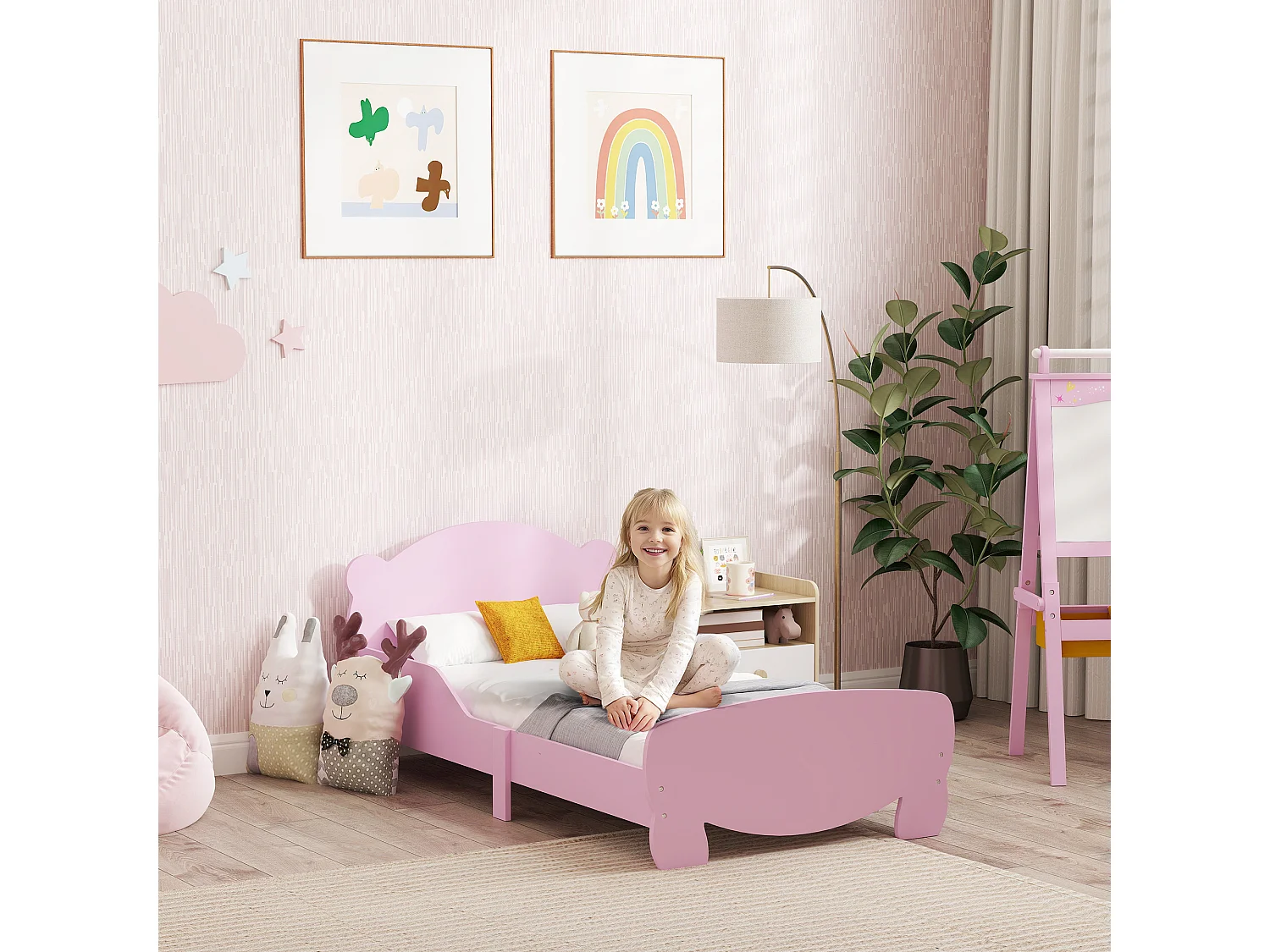 Lettino per bambini con testiera e pediera a orso e 2 sponde rosa