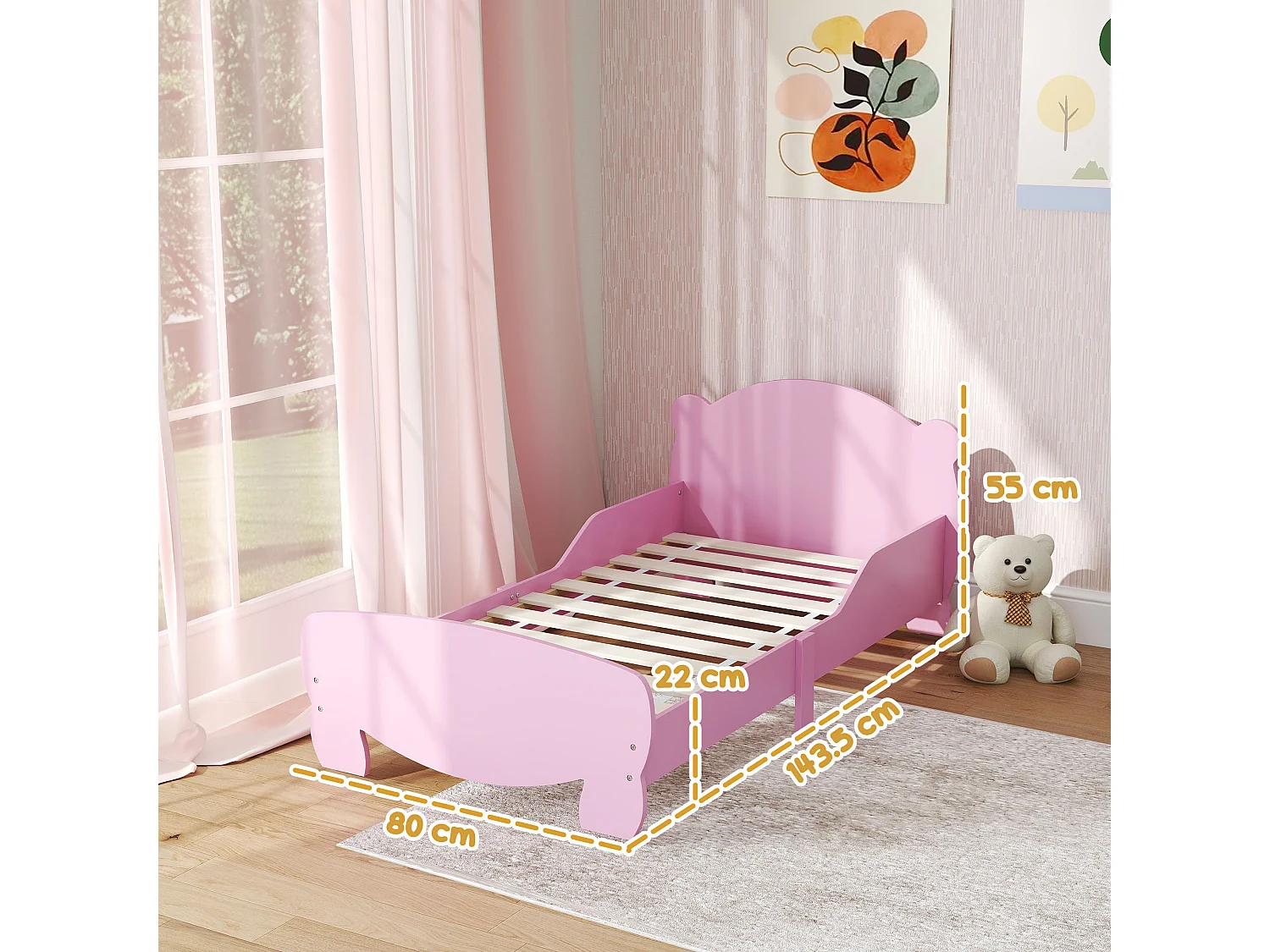 Lettino per bambini con testiera e pediera a orso e 2 sponde rosa