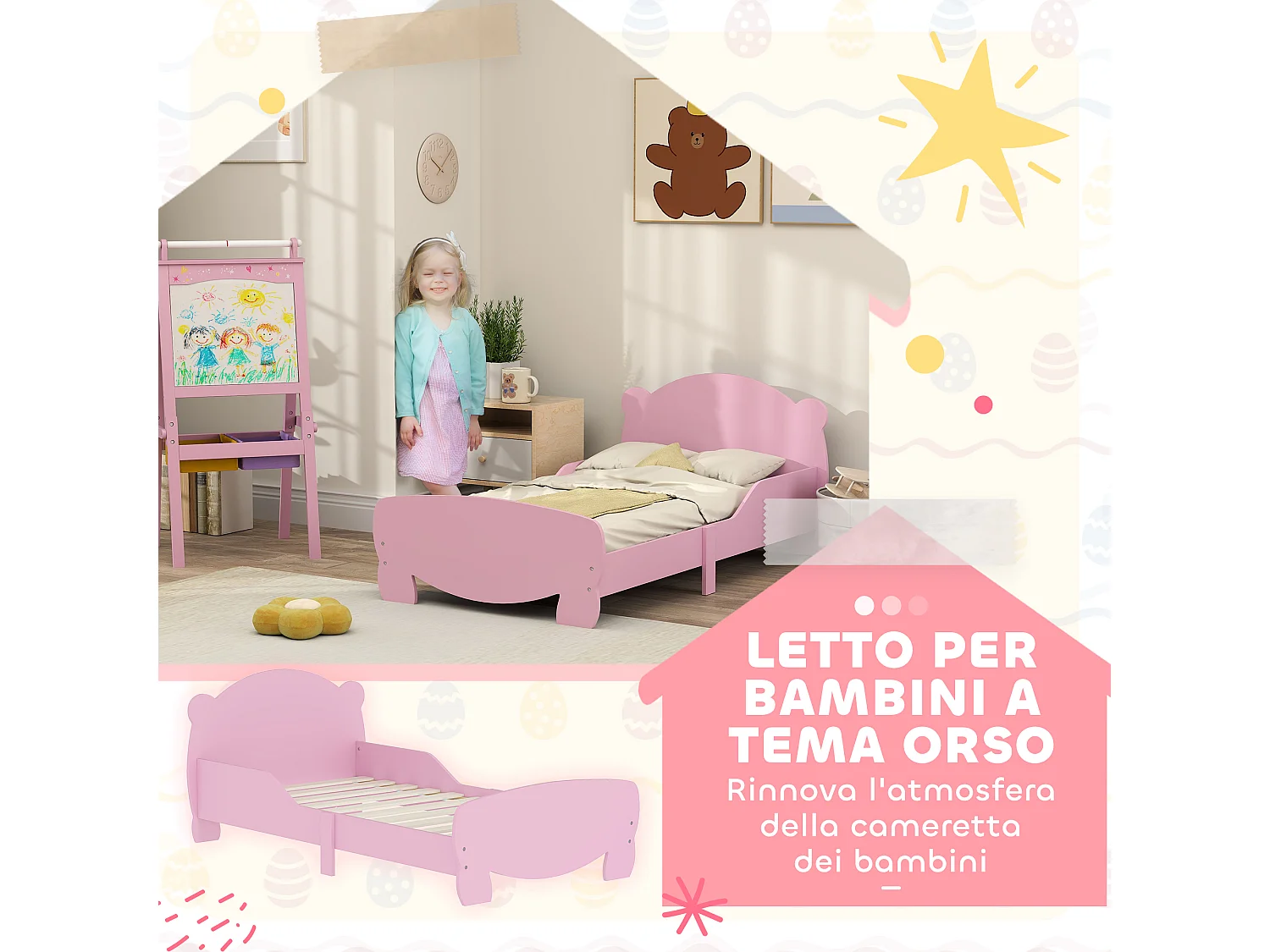 Lettino per bambini con testiera e pediera a orso e 2 sponde rosa