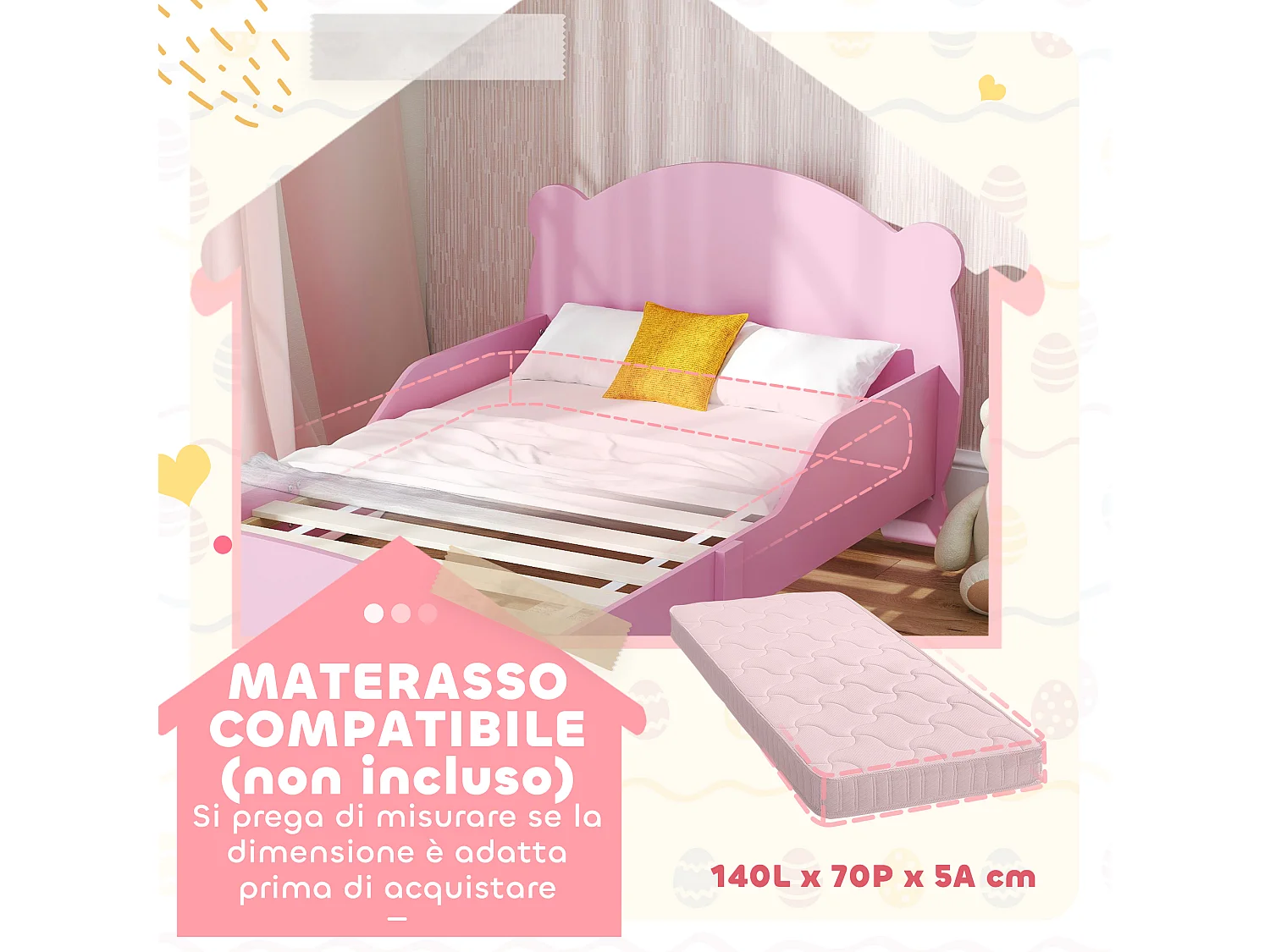 Lettino per bambini con testiera e pediera a orso e 2 sponde rosa