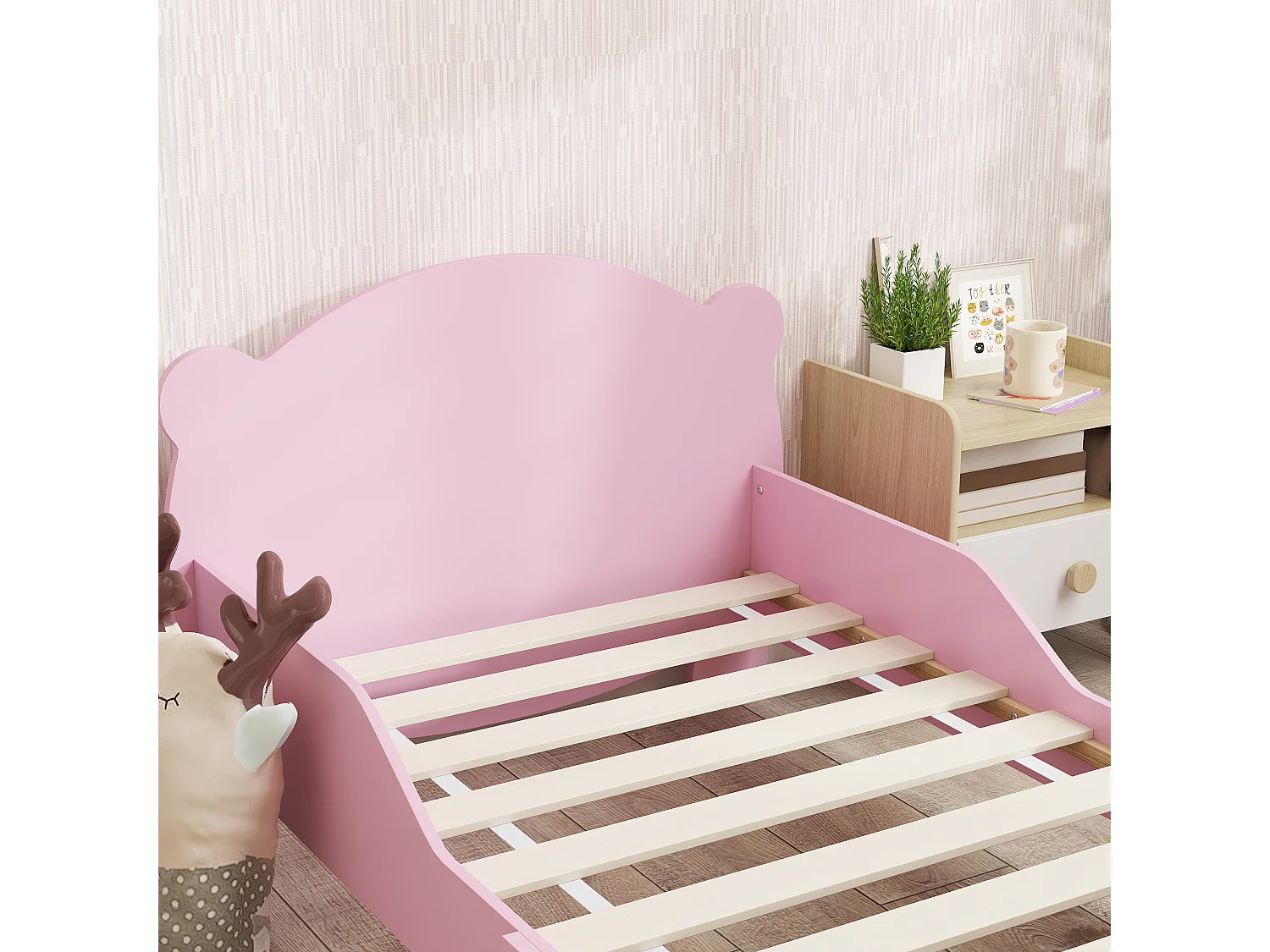 Lettino per bambini con testiera e pediera a orso e 2 sponde rosa