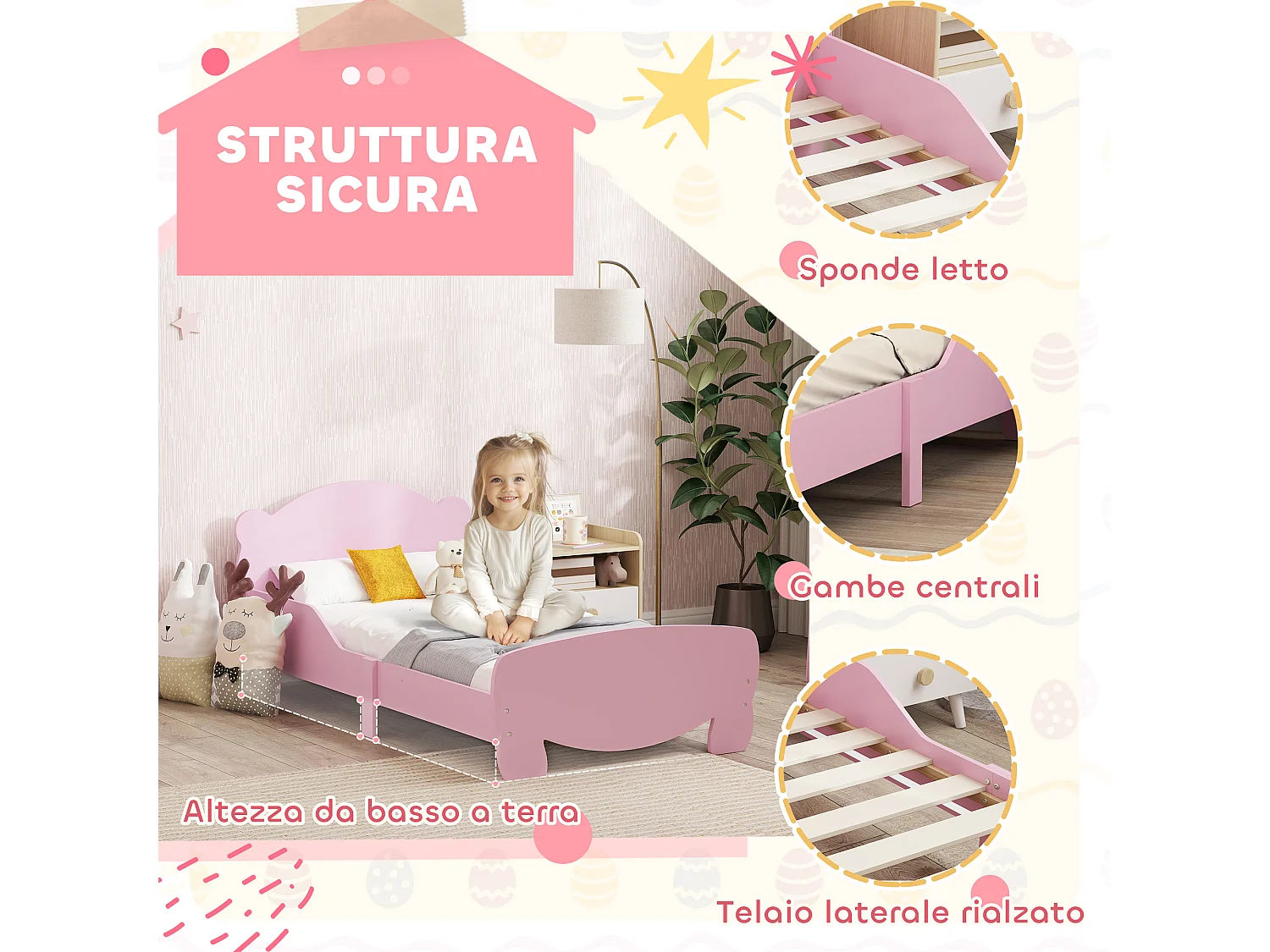 Lettino per bambini con testiera e pediera a orso e 2 sponde rosa