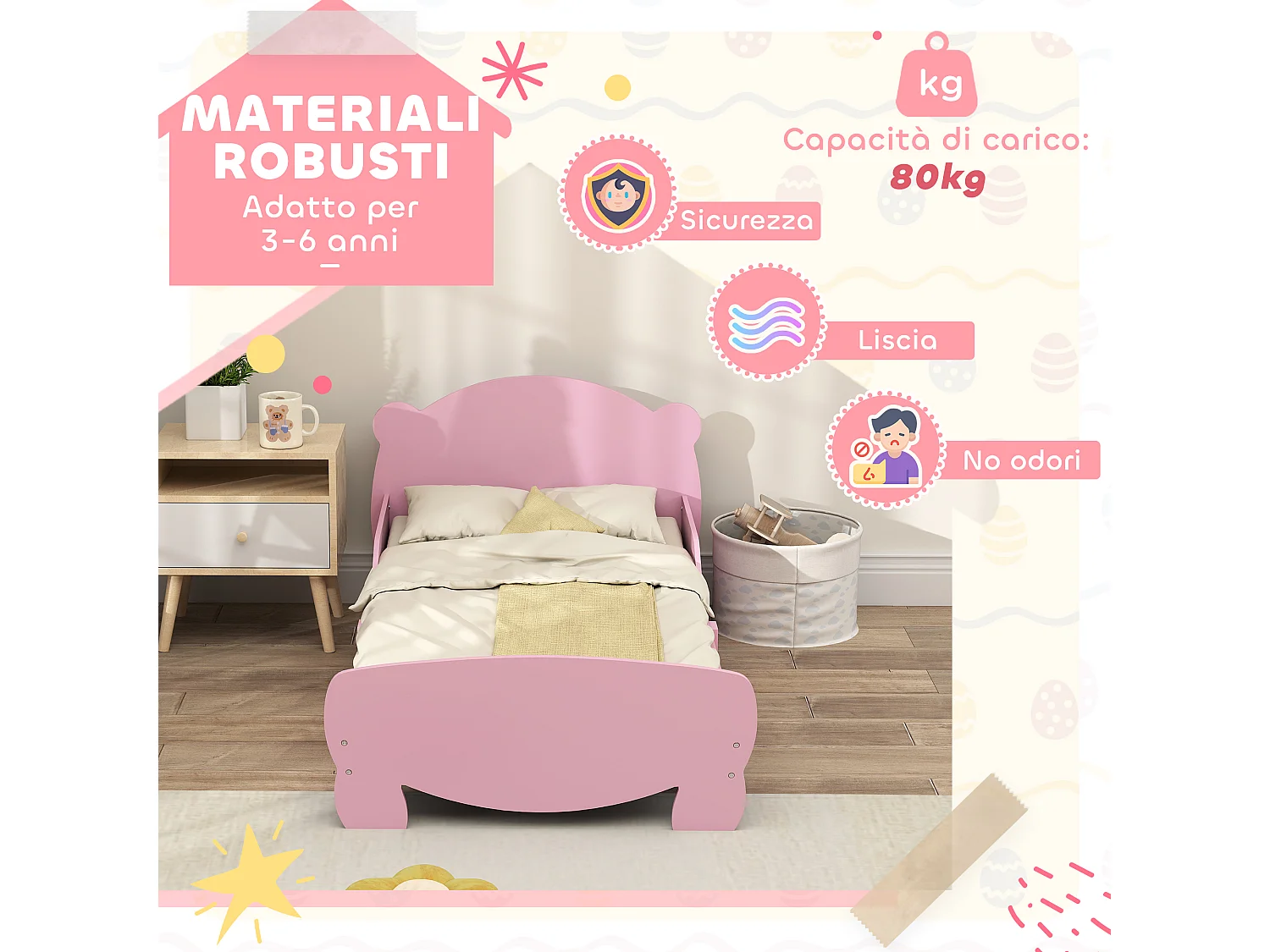 Lettino per bambini con testiera e pediera a orso e 2 sponde rosa