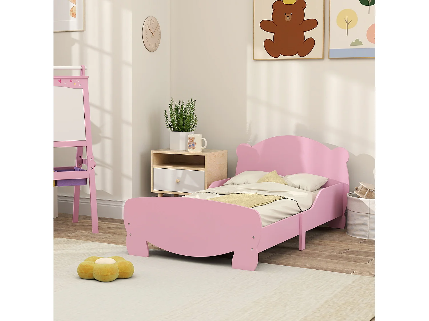 Lettino per bambini con testiera e pediera a orso e 2 sponde rosa