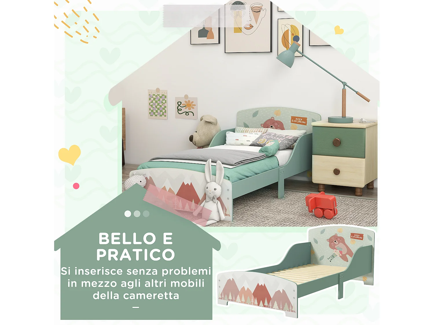 Letto per bambini da 3-6 anni con doghe e bordi rialzati verde