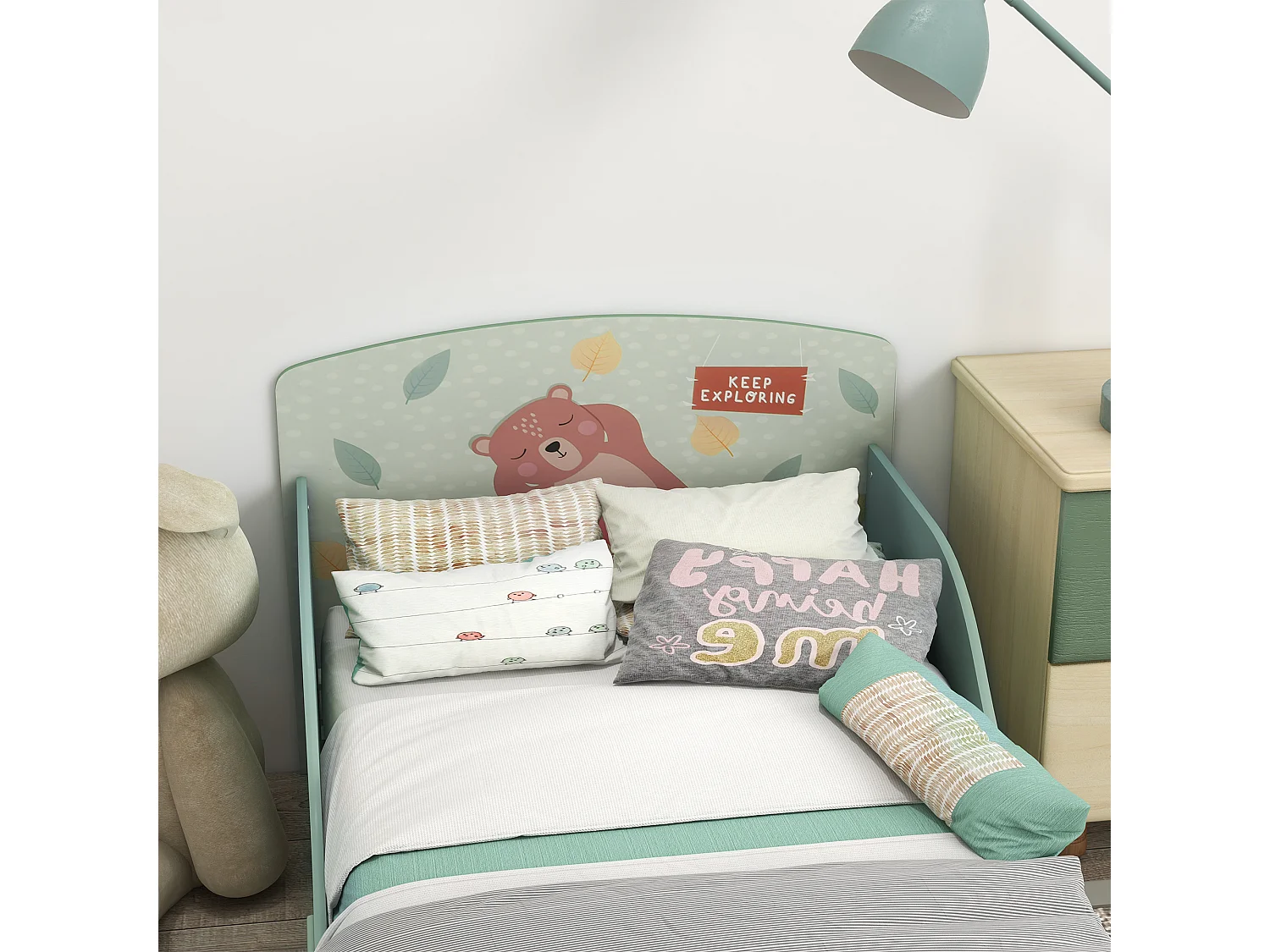 Letto per bambini da 3-6 anni con doghe e bordi rialzati verde