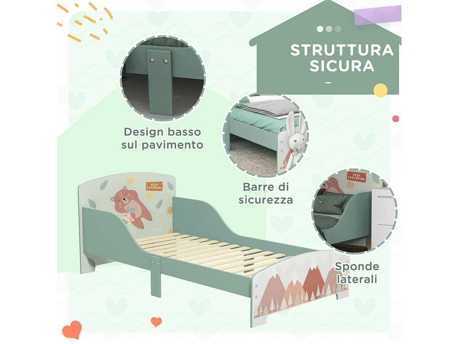 Letto per bambini da 3-6 anni con doghe e bordi rialzati verde